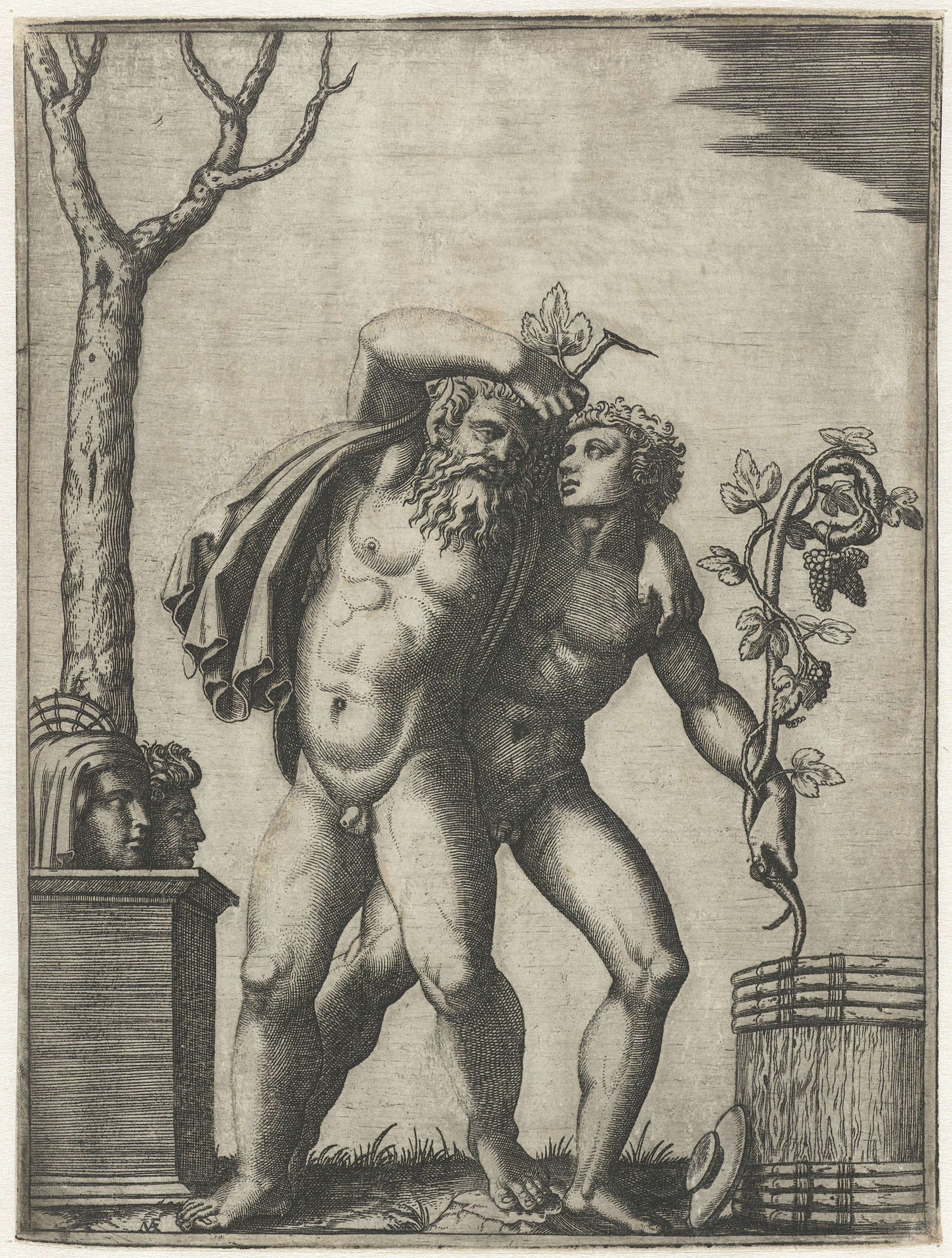 Silenus ondersteund door een jonge bacchant by Marcantonio Raimondi