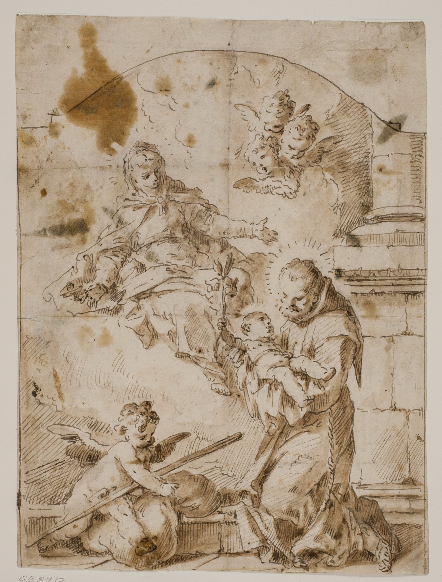 St Antony of Padua kneeling with the Christ Child in his arms while the Virgin and angels appear in the sky by Pietro Antonio Novelli