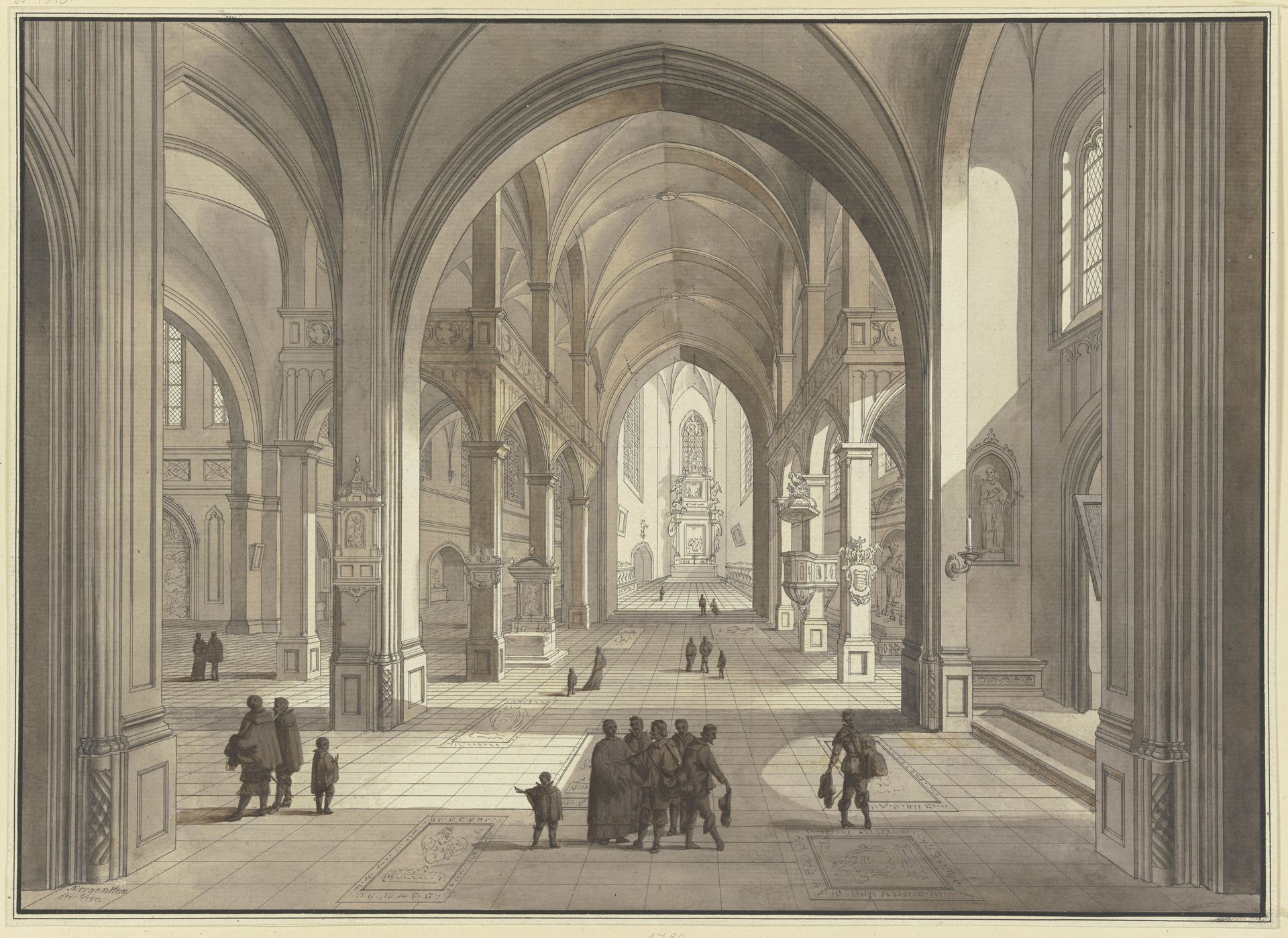 Blick in den Chor einer dreischiffigen gotischen Kirche, im Vordergrund Figurengruppen in der Tracht des 17. Jahrhunderts by Johann Ludwig Ernst Morgenstern