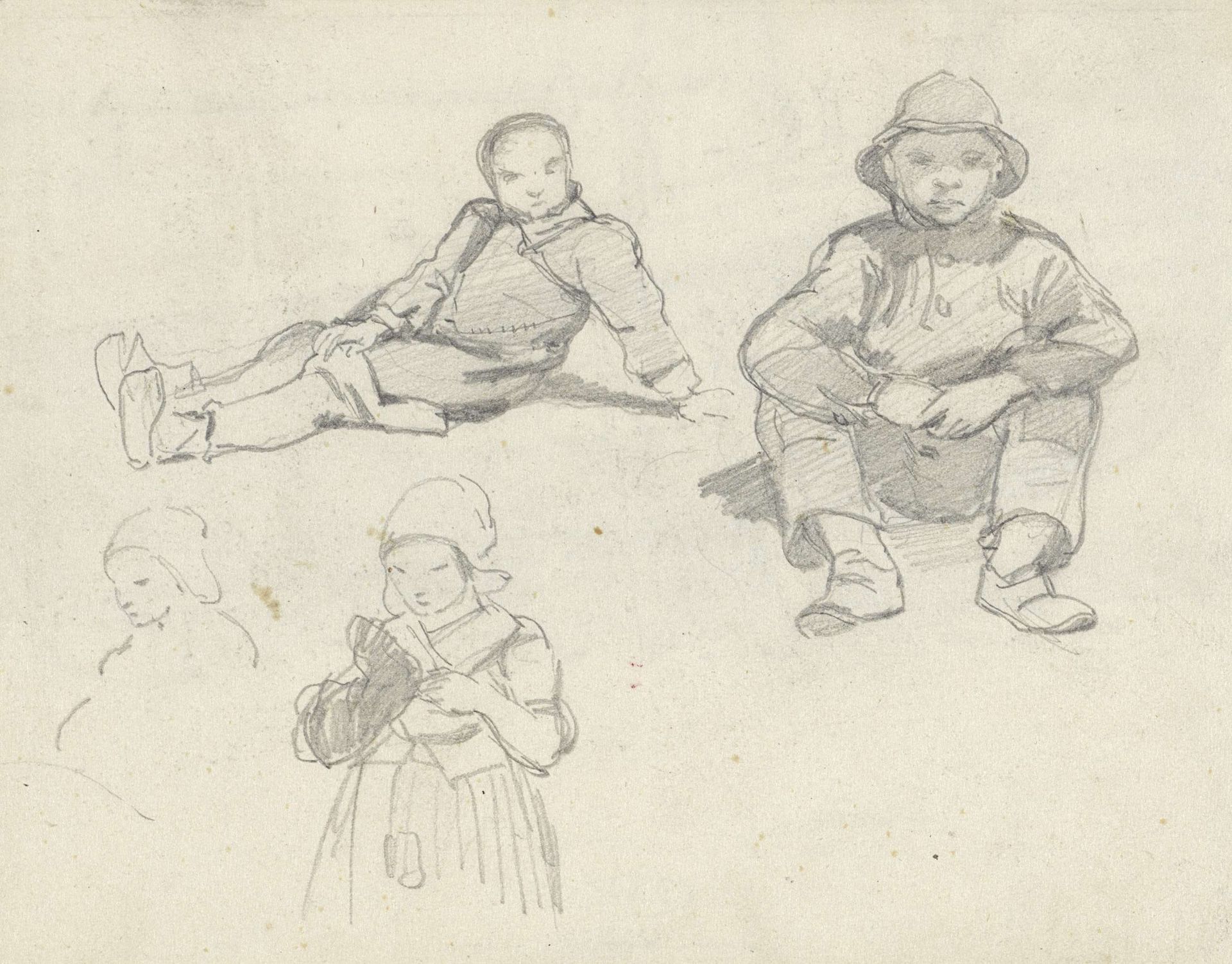 Schetsblad met twee zittende Scheveningse vissersjongens, staand een meisje ten halven lijve by Charles Rochussen