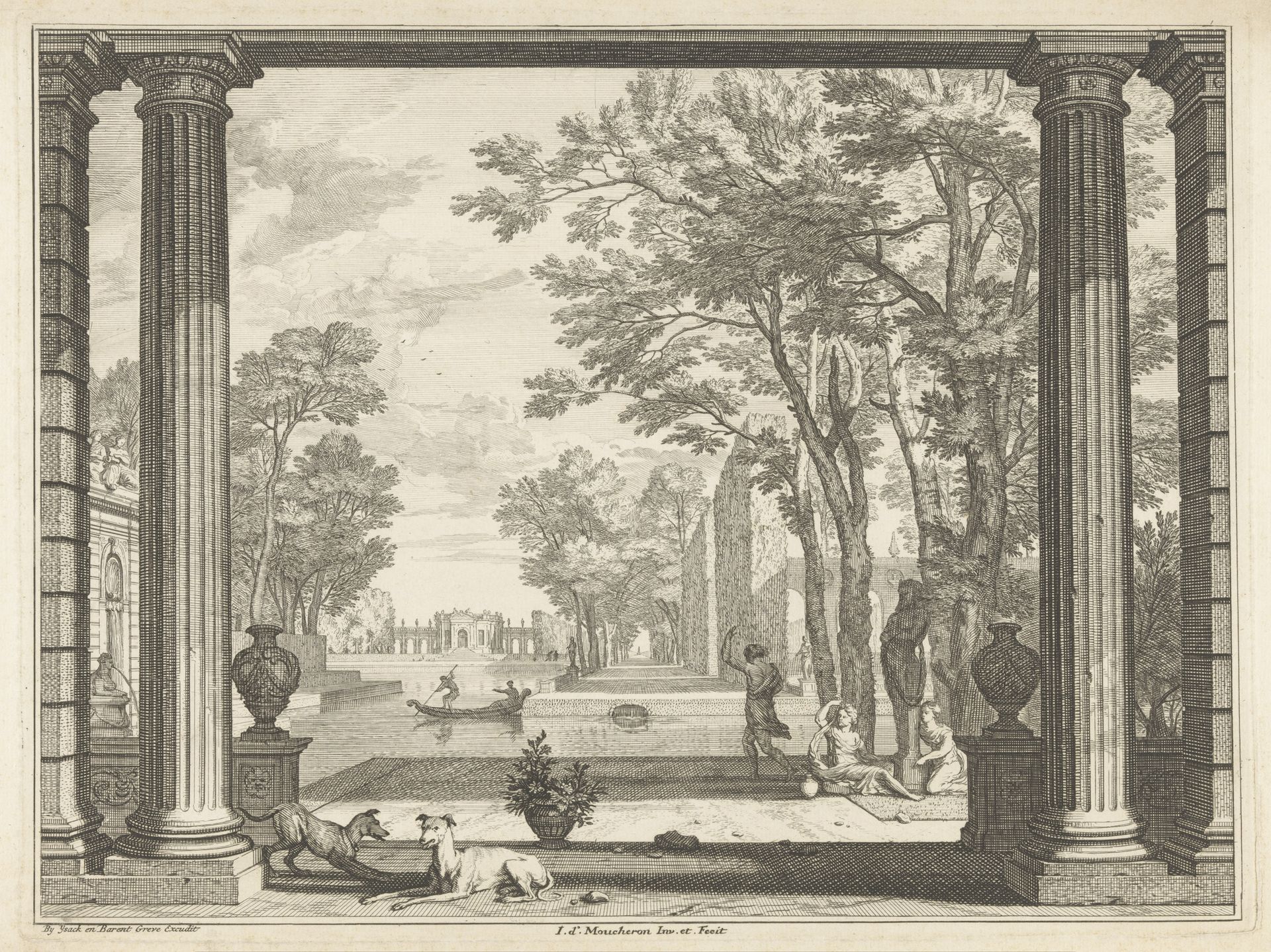 Parklandschap met twee honden by Isaac de Moucheron