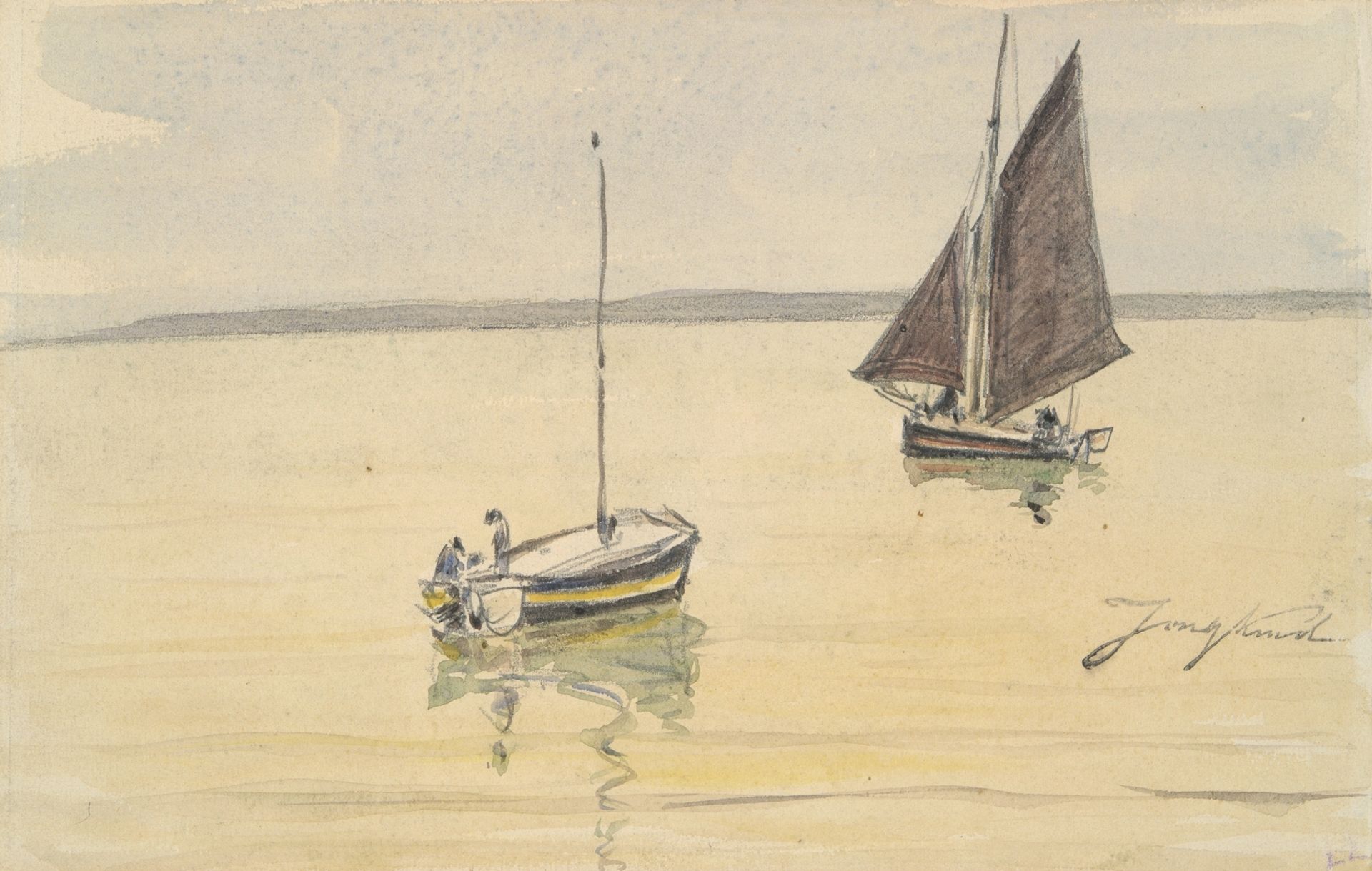 Two Fishing Boats on Calm Water by Johan Barthold Jongkind