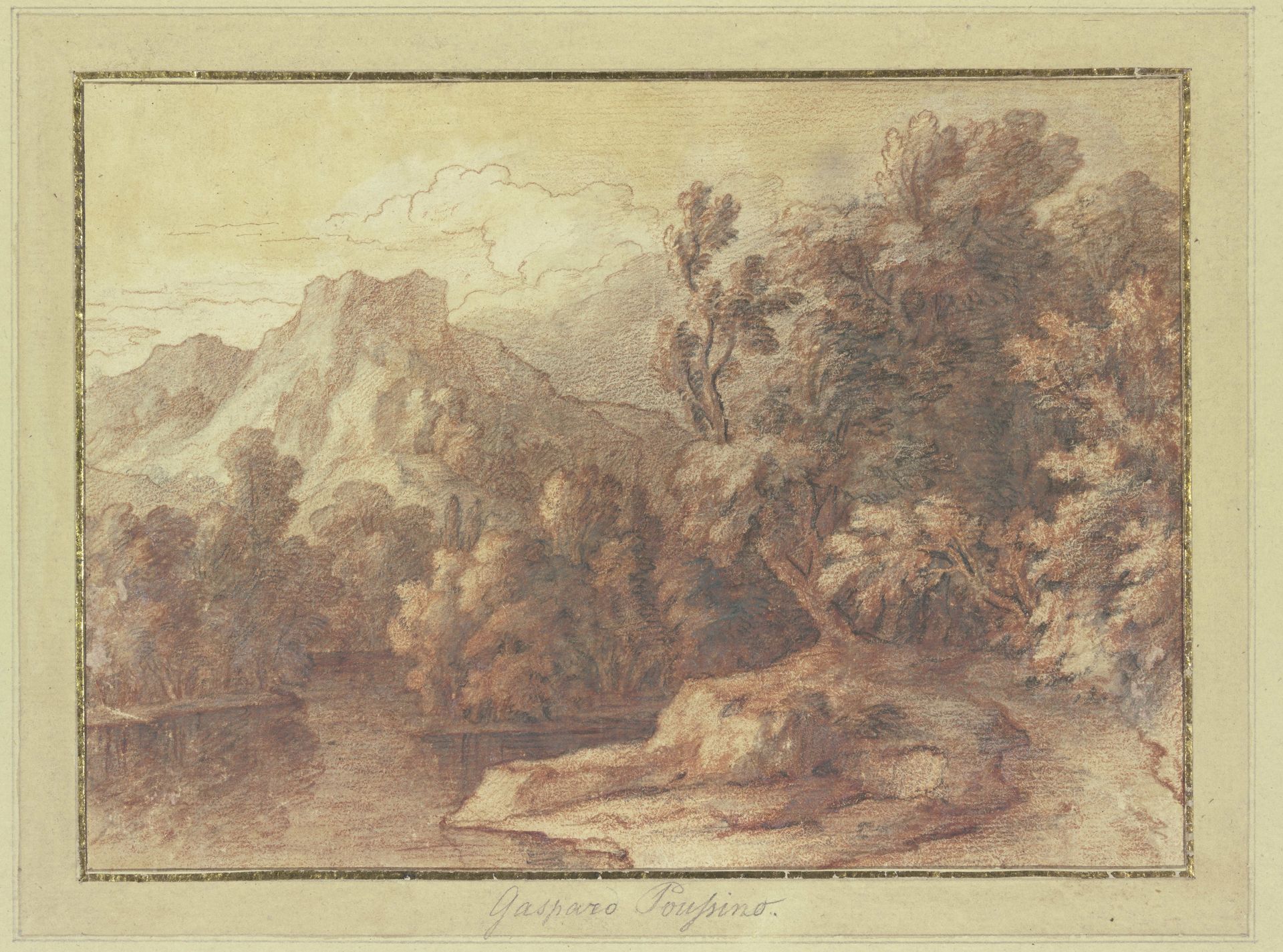 Ein stiller Fluß zwischen Gebüsch, rechts eine Baumgruppe, im Hintergrund hohe Berge by Gaspard Dughet