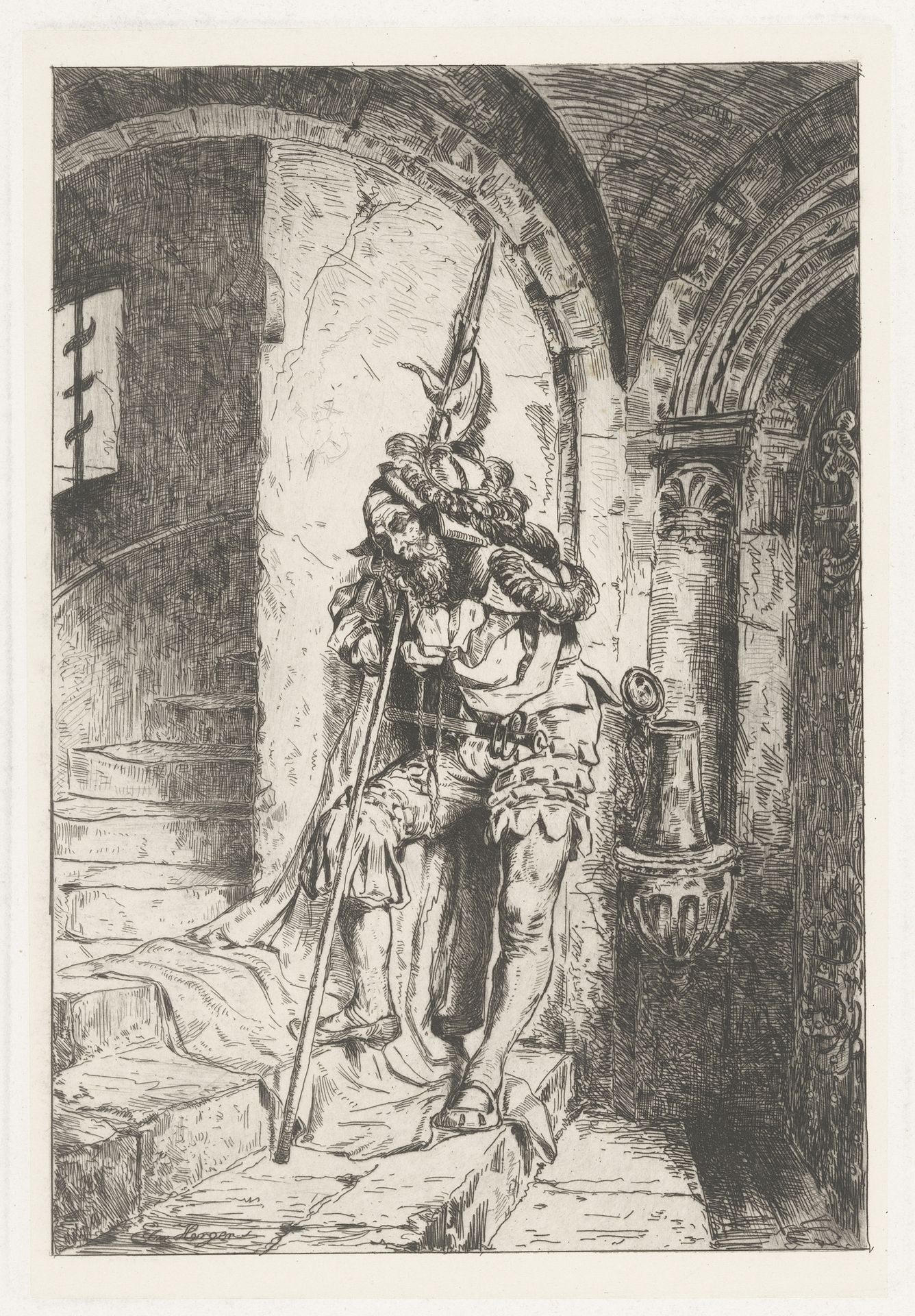 Slapende soldaat leunt op een trap tegen zijn hellebaard by Edmund Herger