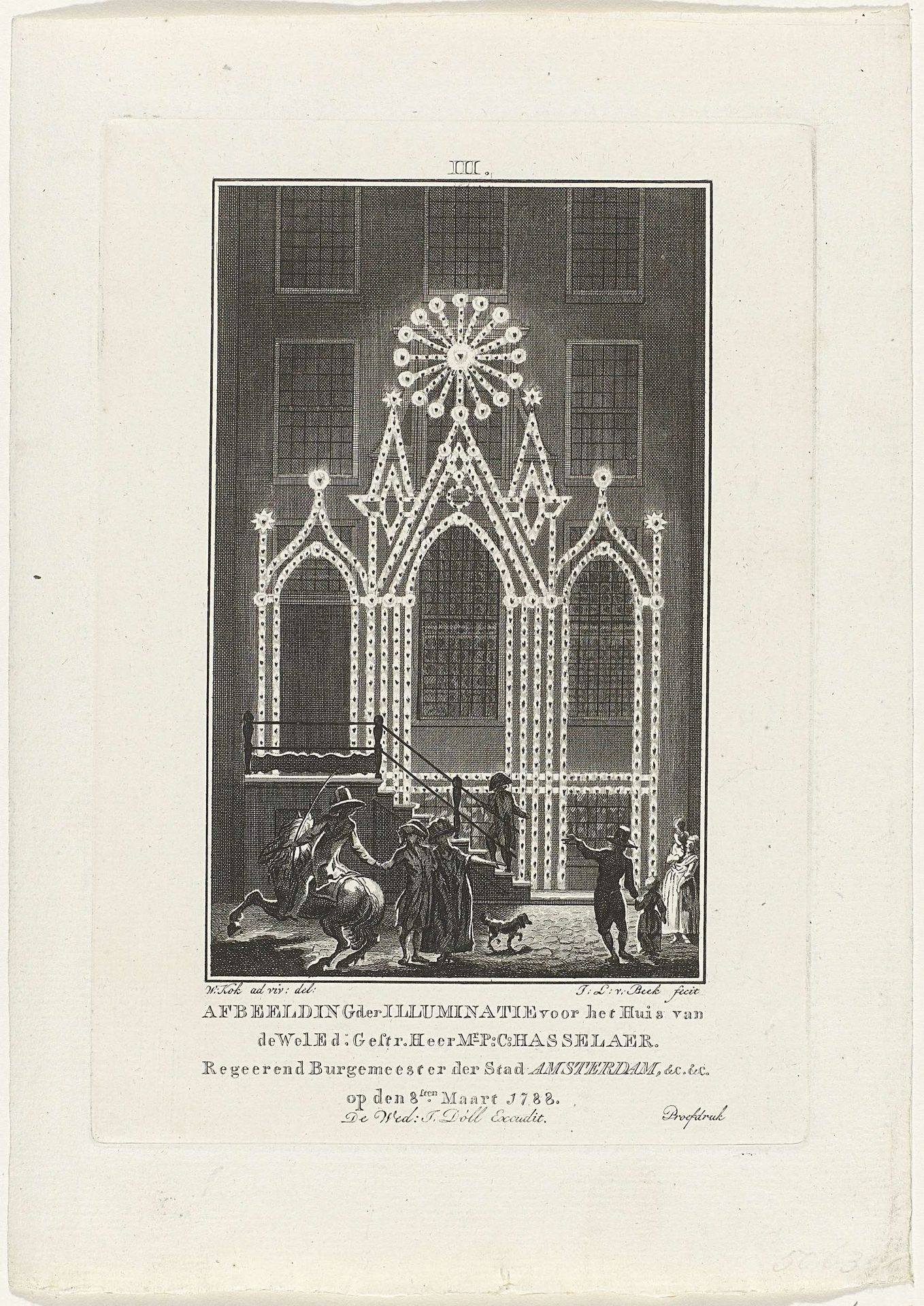 Illuminatie van het huis van mr. P.C. Hasselaer te Amsterdam, 1788 by Jan Lucas van der Beek