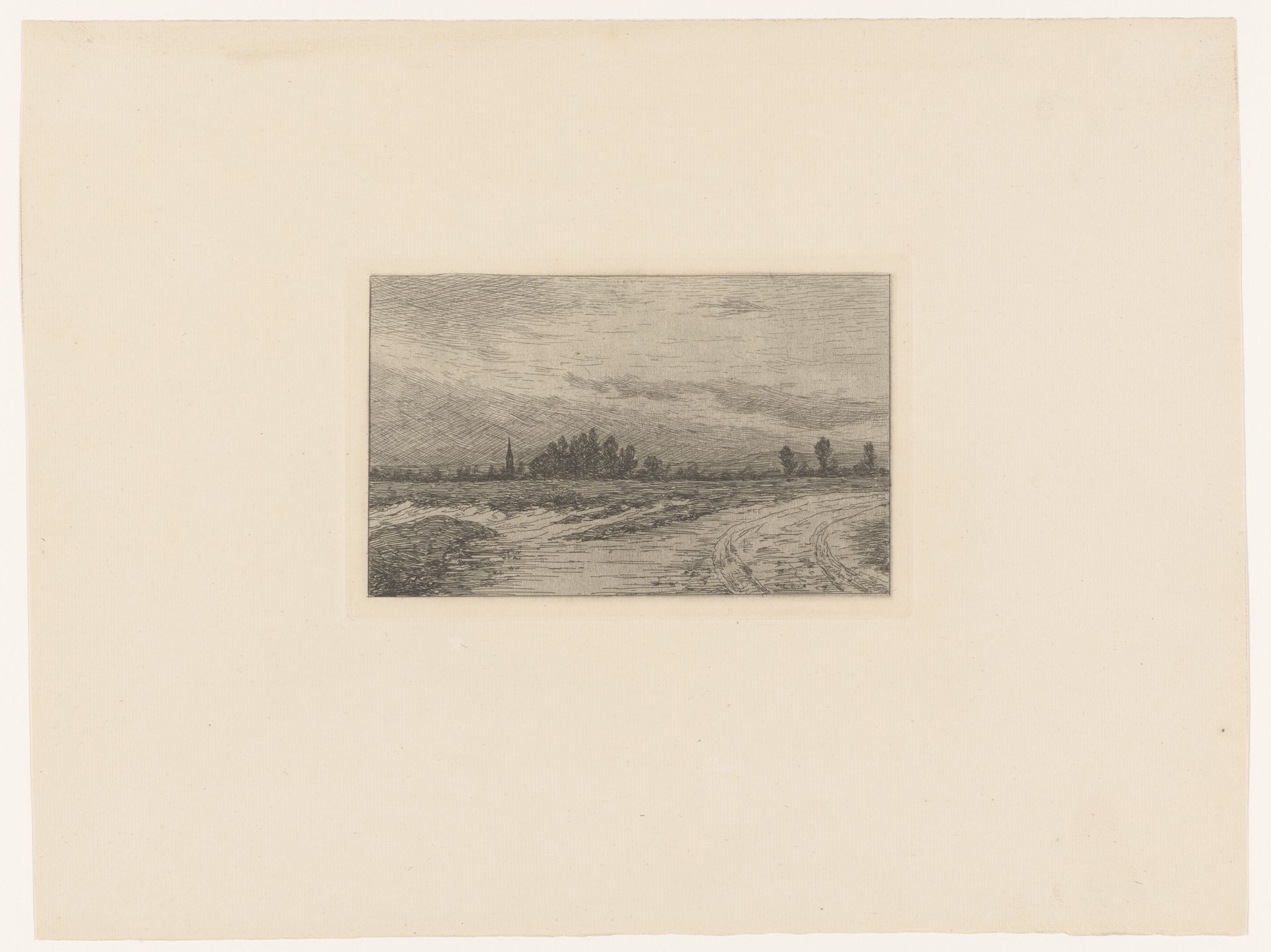 Landweg met op de achtergrond een kerktoren by Emile de Baré