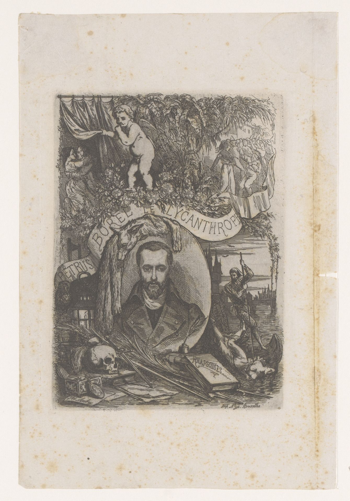 Portret van Petrus Borel omringd door scènes uit Champavert by Adrien Aubry