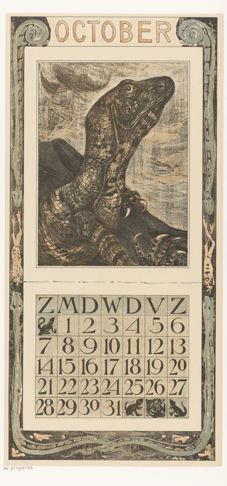 Kalenderblad oktober met leguaan by Theo van Hoytema