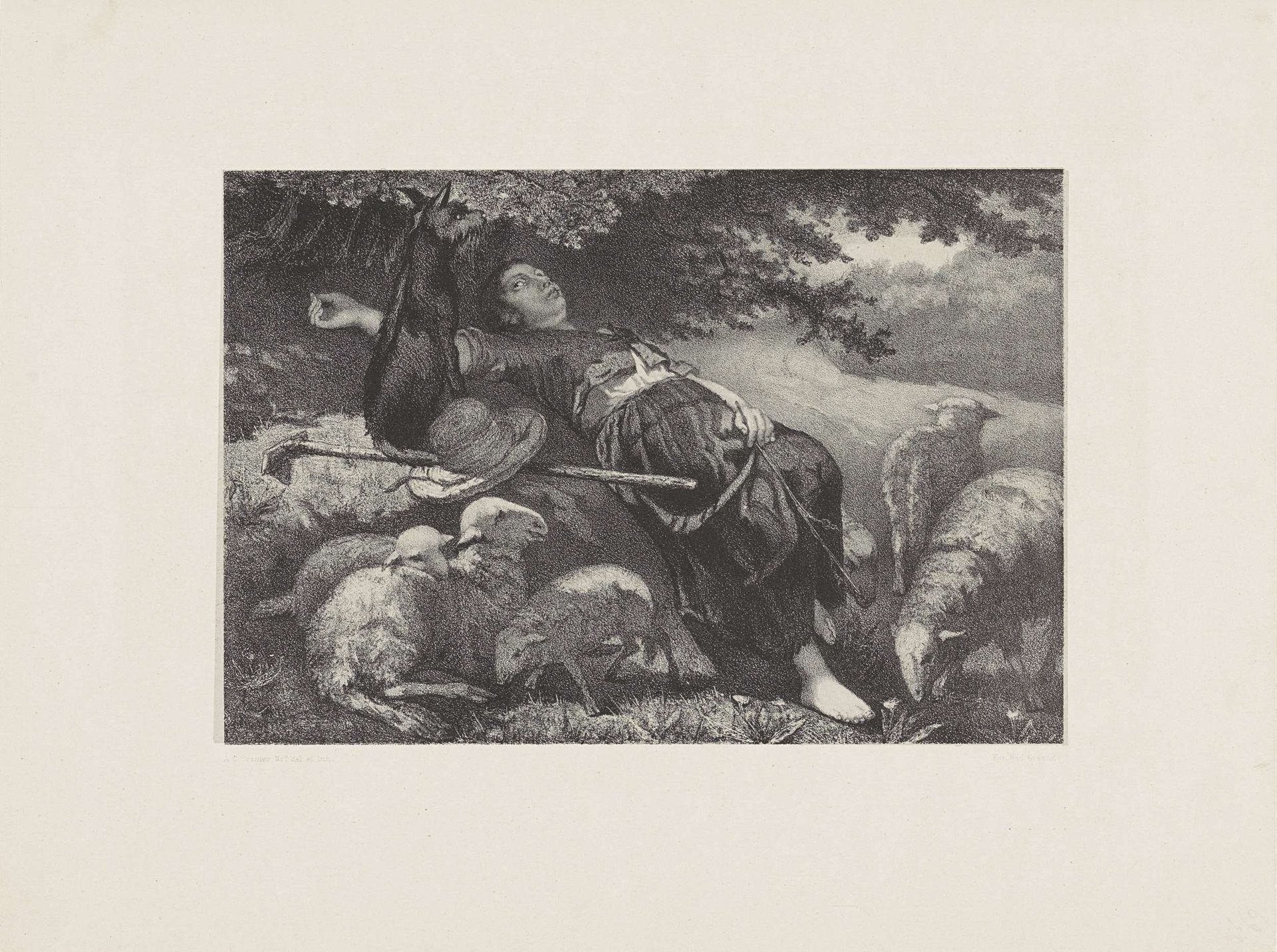 Liggende herderin omgeven door schapen by Anthony Cornelis Cramer