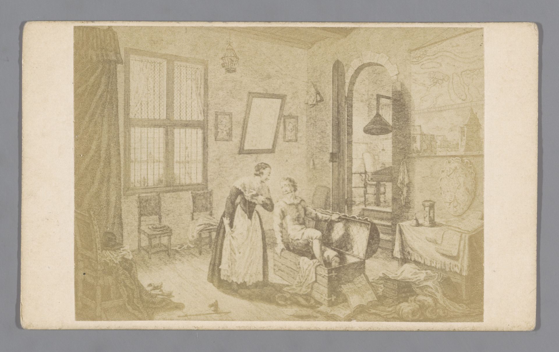 Fotoreproductie van een gravure van de ontsnapping van Hugo de Groot uit Slot Loevestein in een boekenkist op 22 maart 1621 by Anonymous