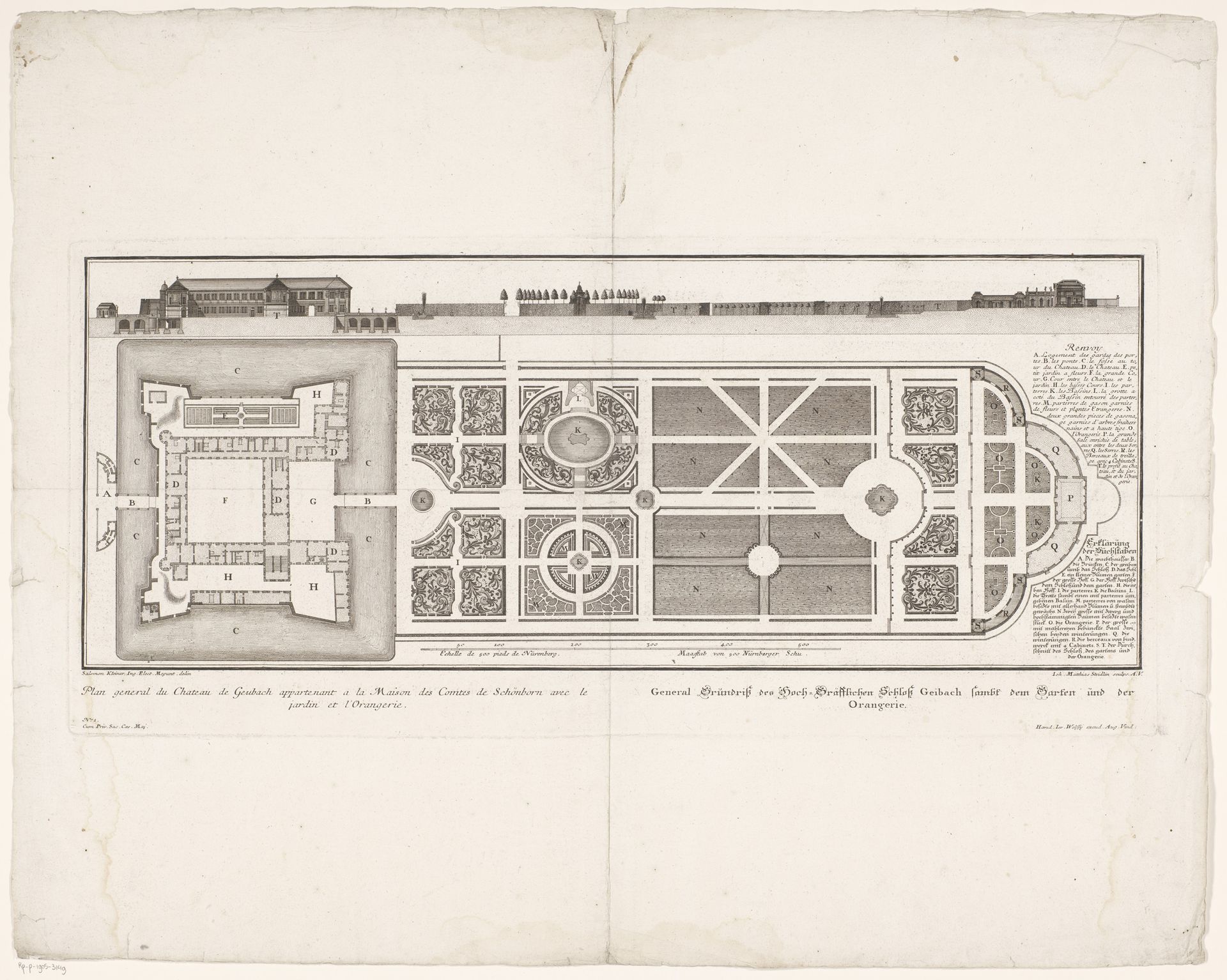 Dwarsdoorsnede en plattegrond van Schloss Gaibach by Johann Matthias Steudlin