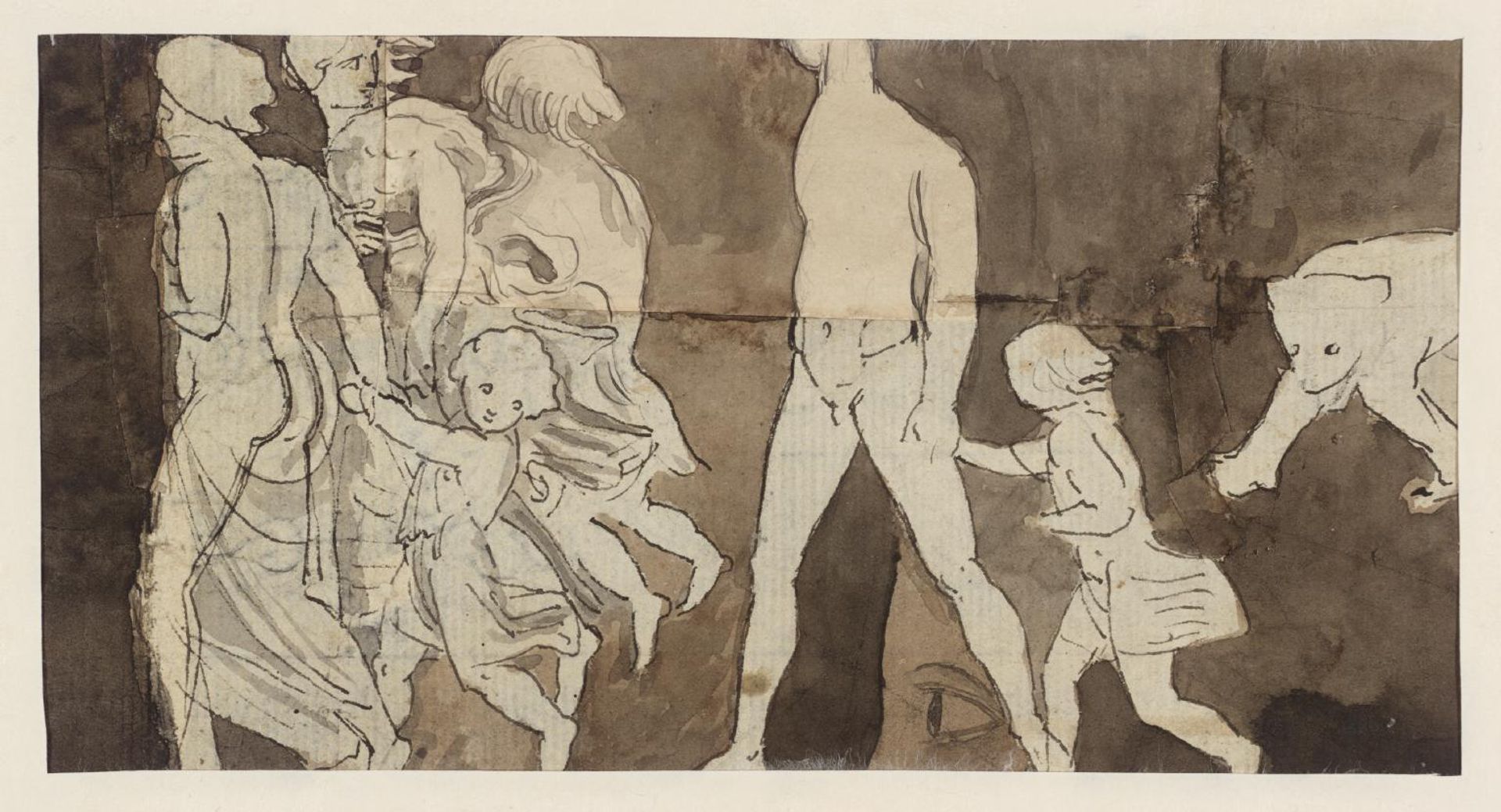 A Man, Girls and Children Pursued by a Bear. Verso: Studies of Women Bathing, Etc. by Thomas Stothard