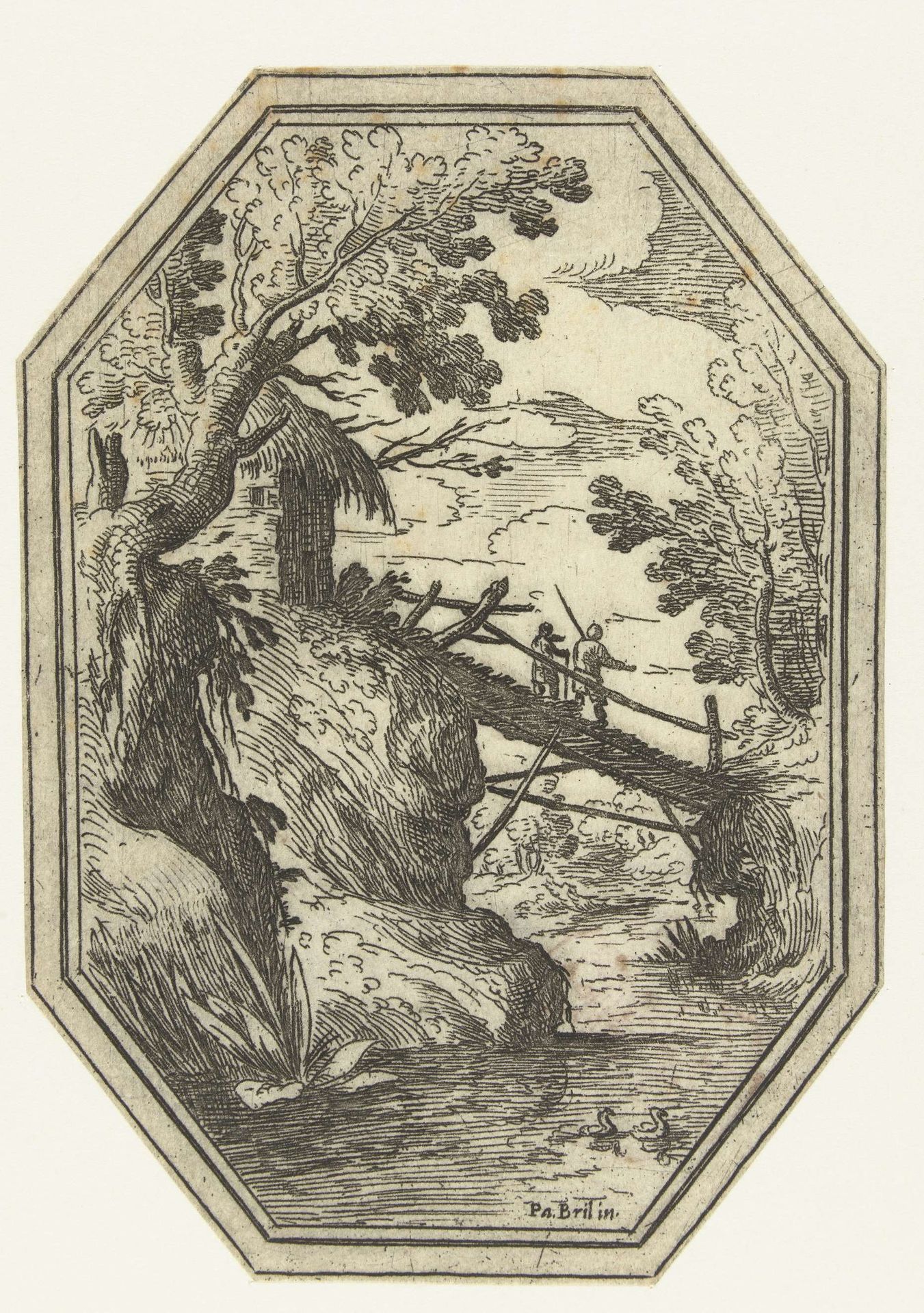 Landschap met houten bruggetje in octagonaal kader by Paul Bril
