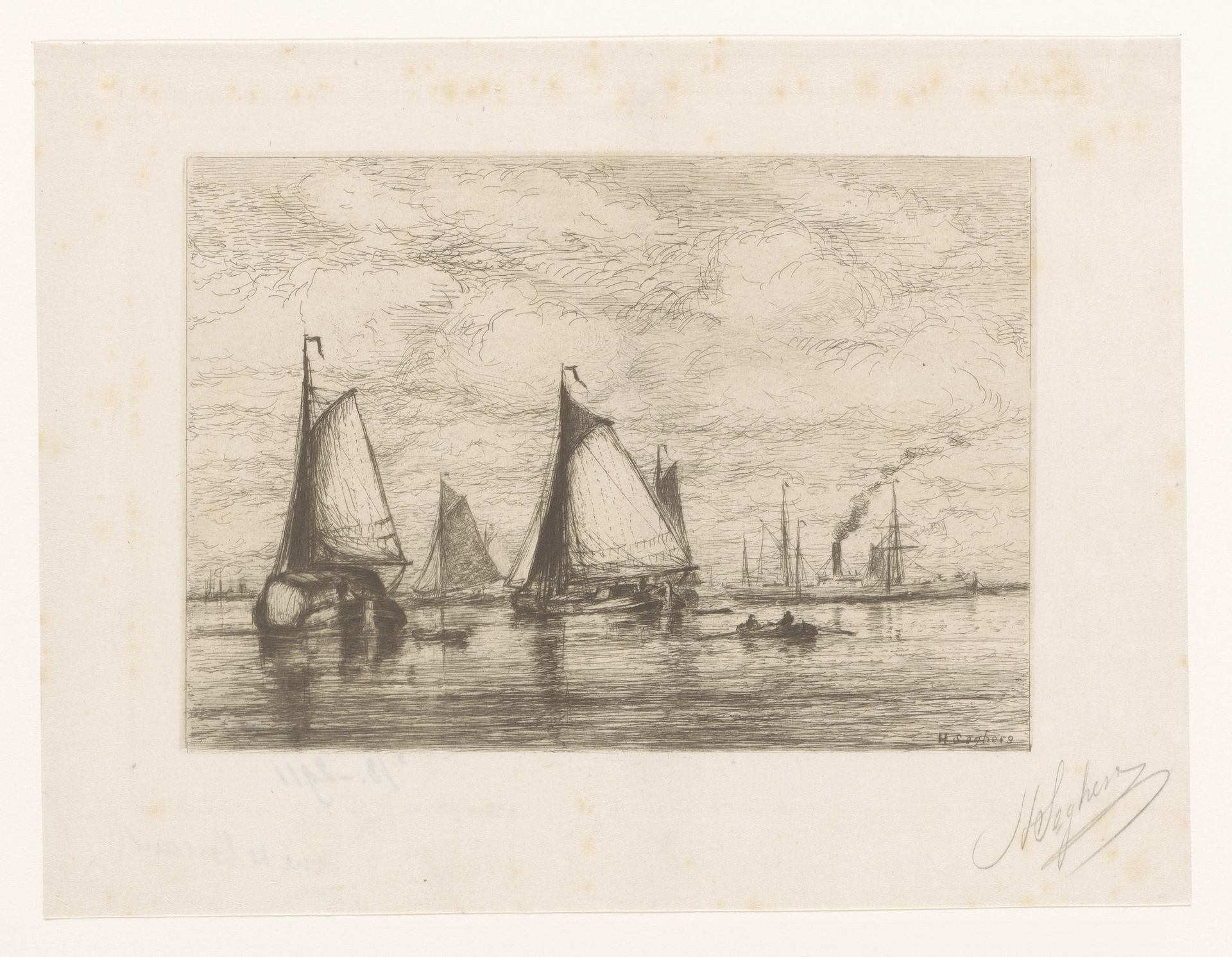 Zeilschepen, een roeiboot en een stoomschip op een rivier by Henri Seghers