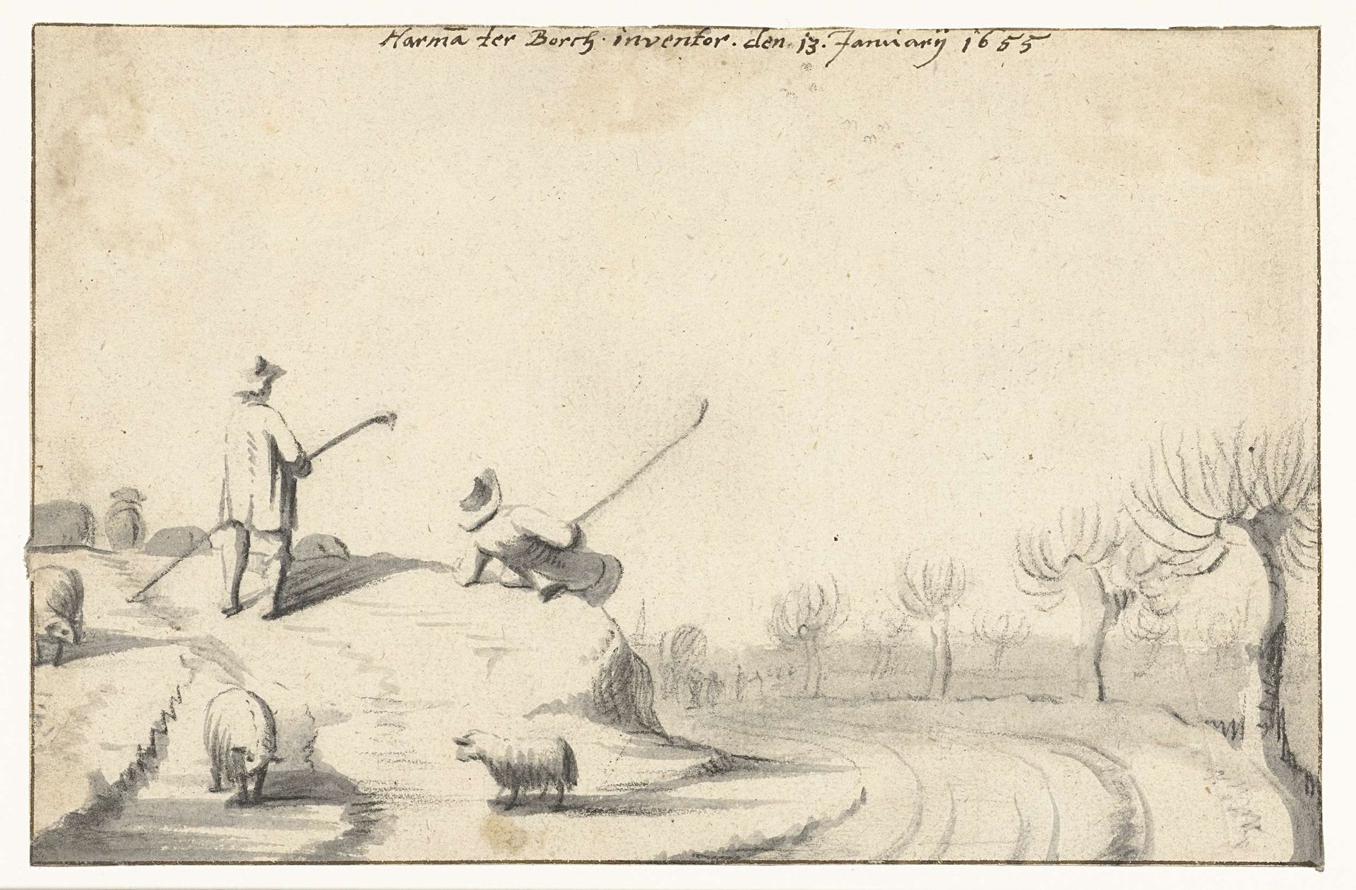 Twee herders en hun kudde op een heuvel by Harmen ter Borch