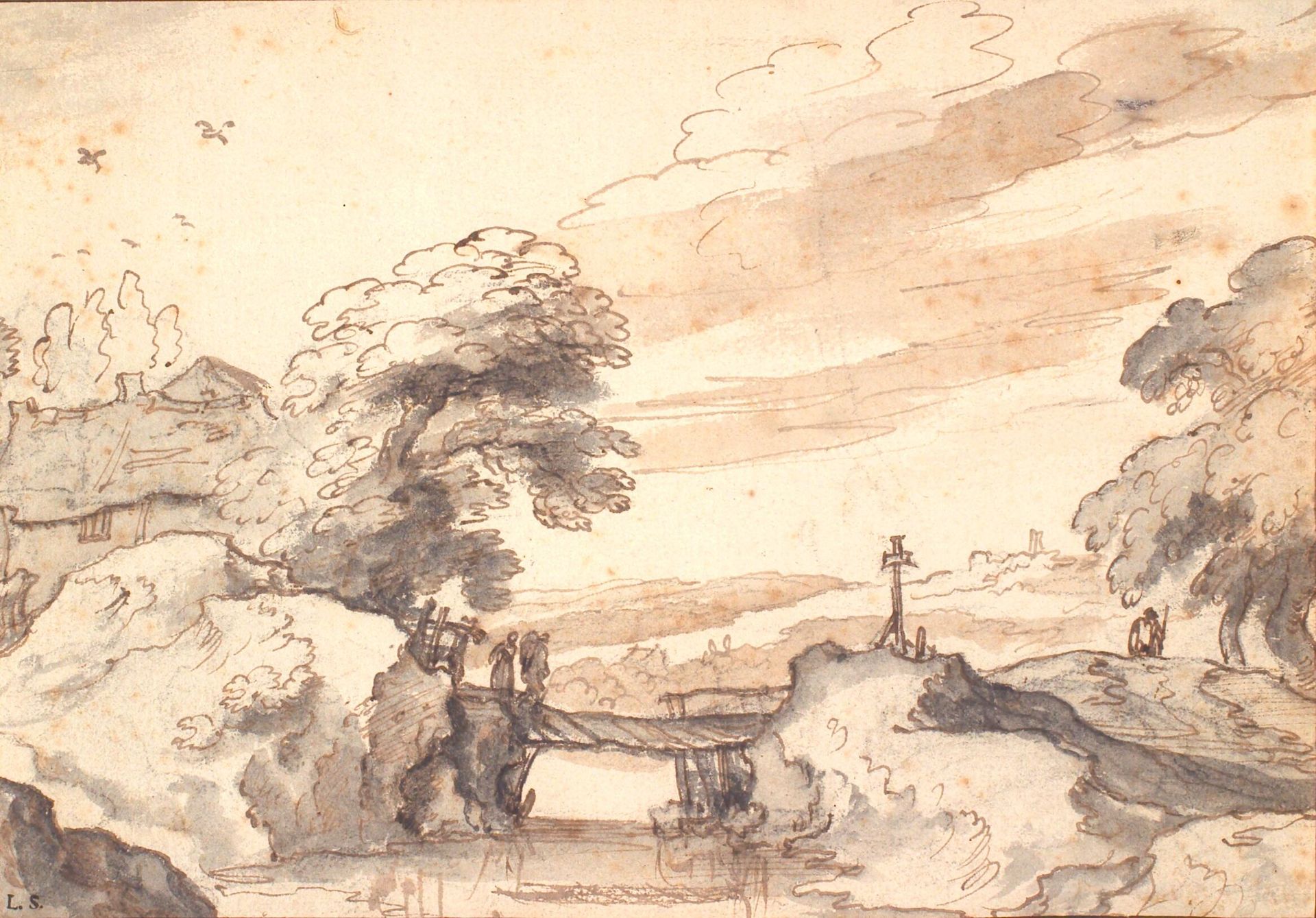 Landskab med en gammel bro over en bæk by Pieter Dircksz Santvoort