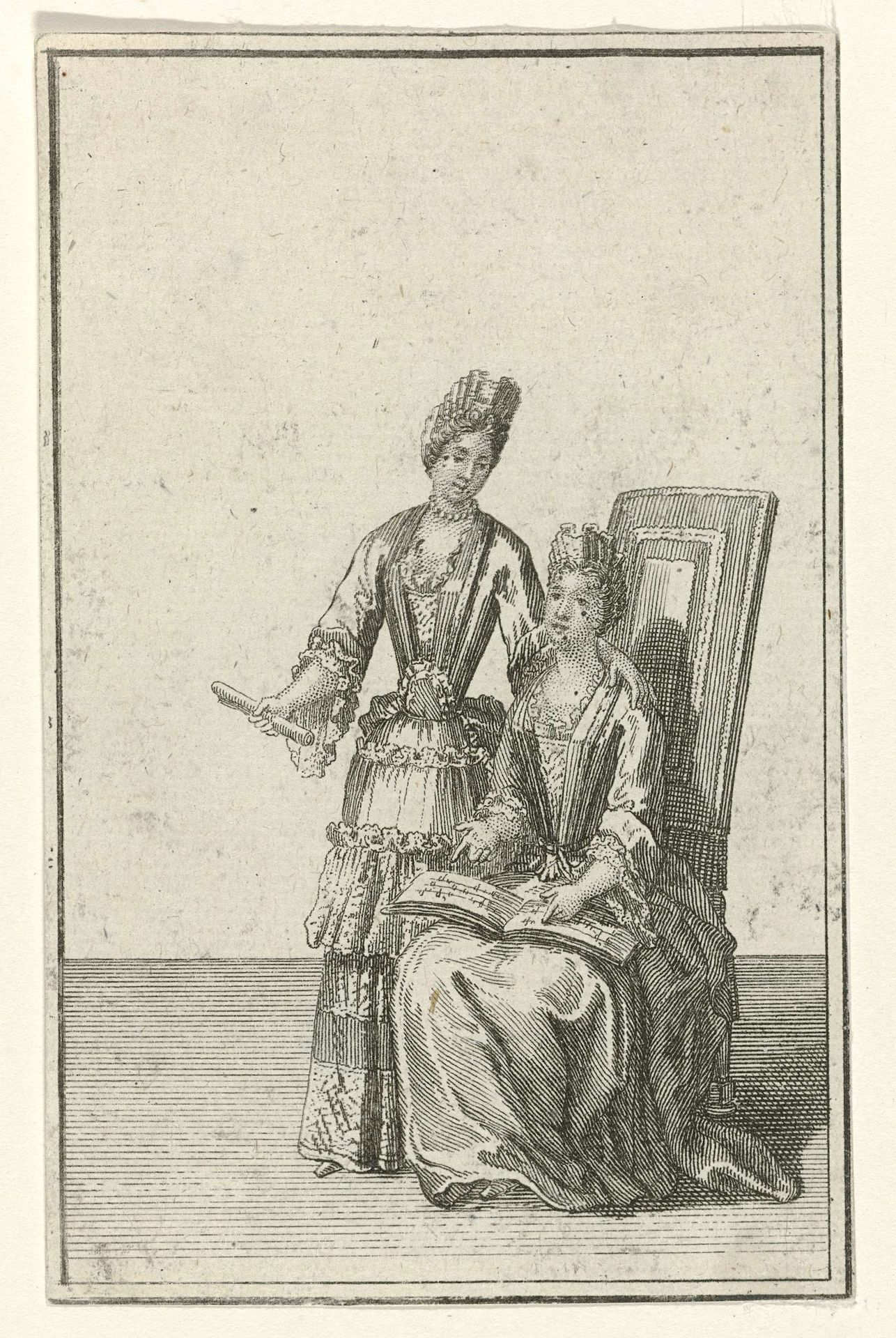 Staande en zittende vrouw gekleed in een manteau by Bernard Picart