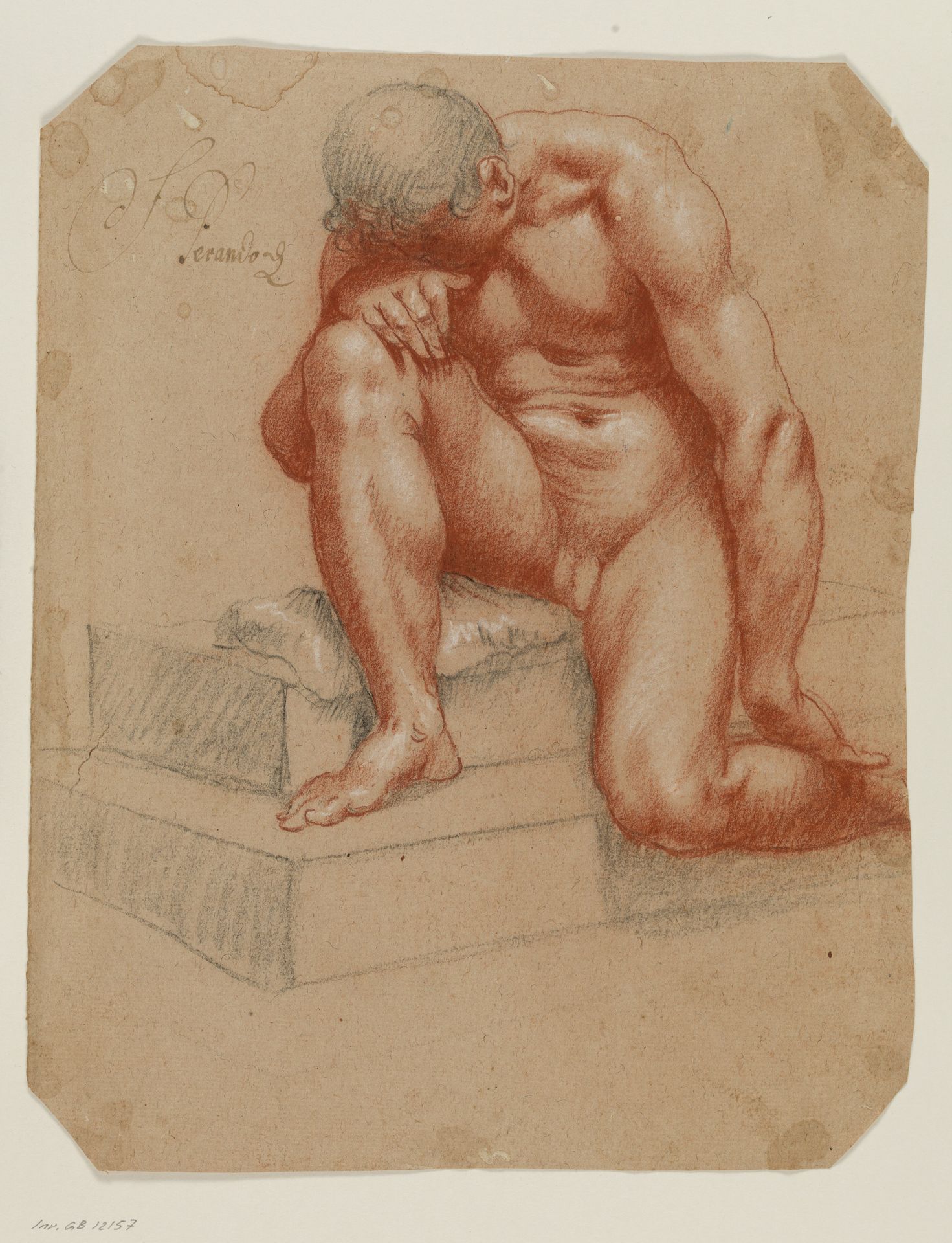 Crouching male nude by Anonymous