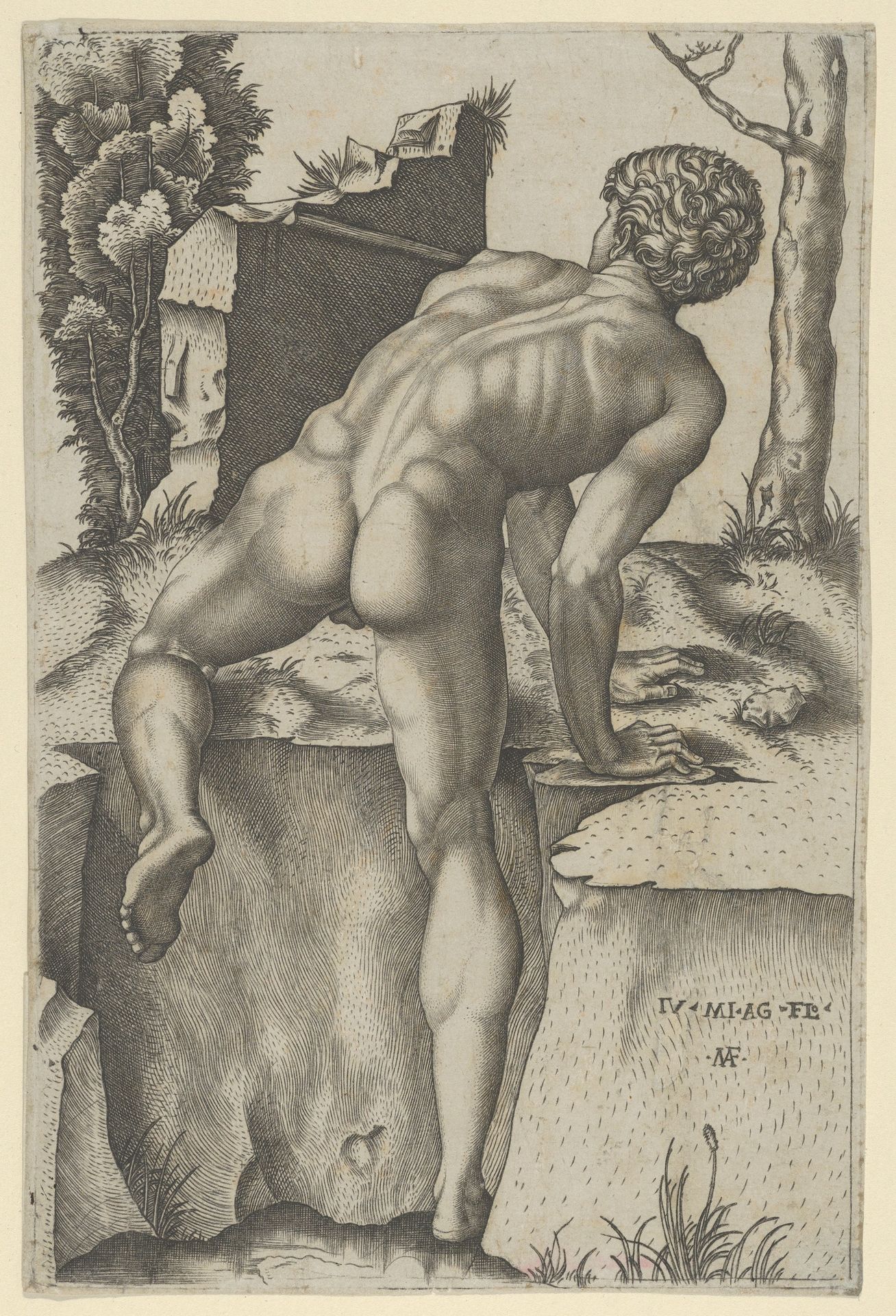Naked man viewed from behind climbing a river bank, after Michelangelo by Marcantonio Raimondi