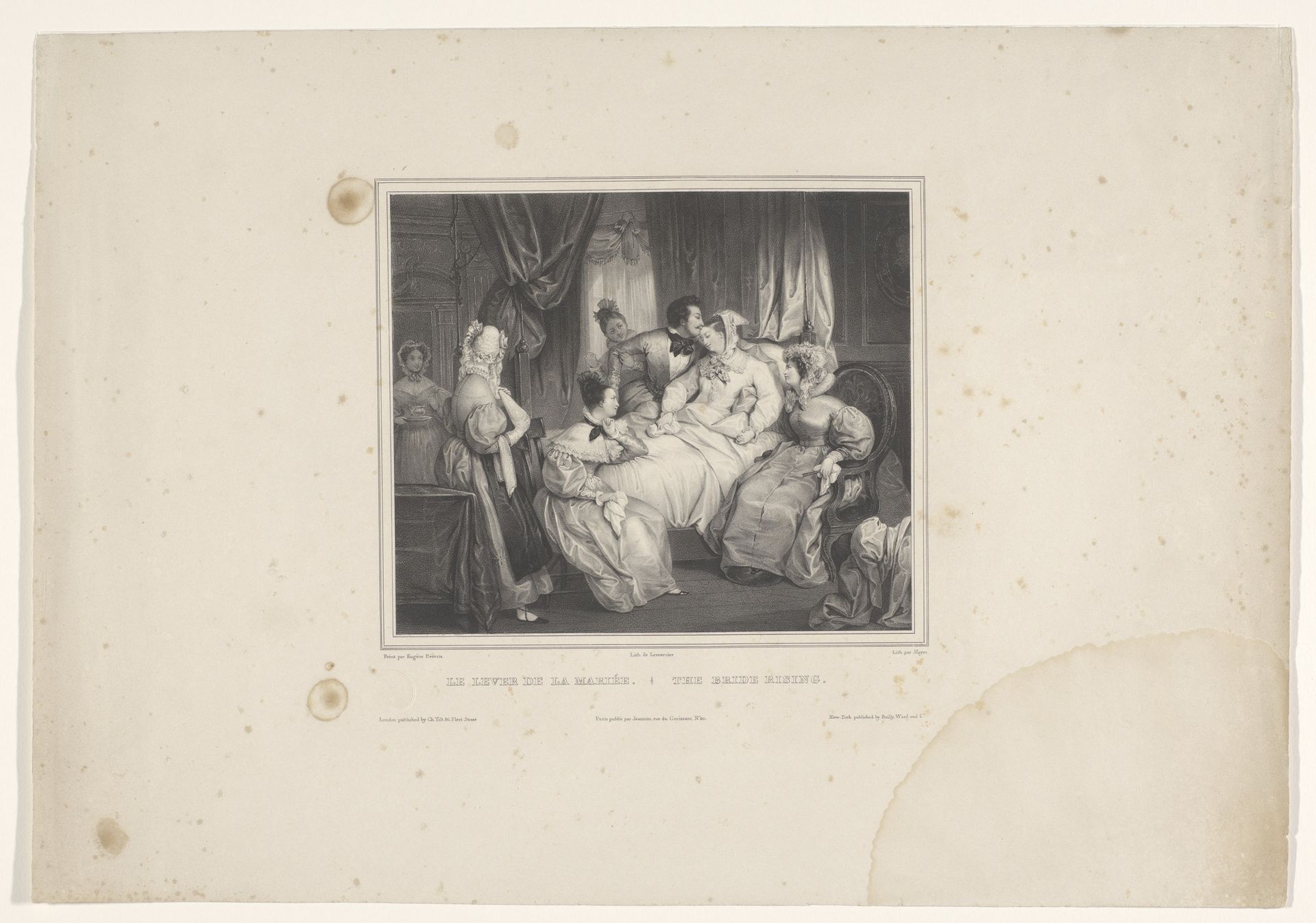 Bruid in bed met man en vrouwen in een kamer by Franse school) Mayer (prentmaker