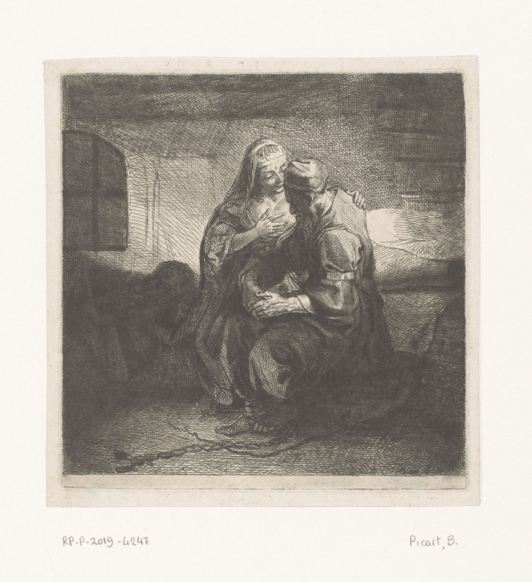 Pero zoogt de geketende Cimon in de gevangenis by Bernard Picart