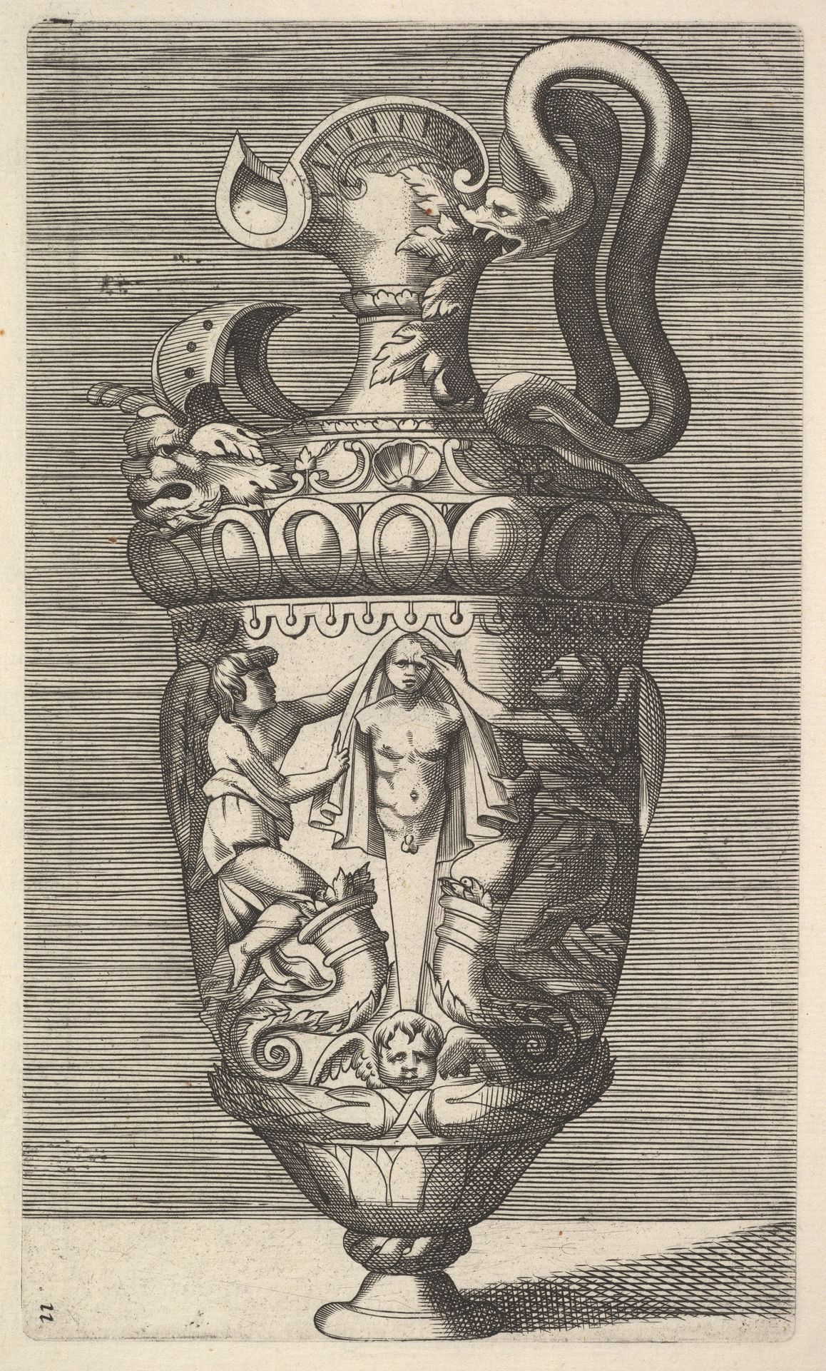 Vase with Two Winged Figures Draping a Term by René Boyvin