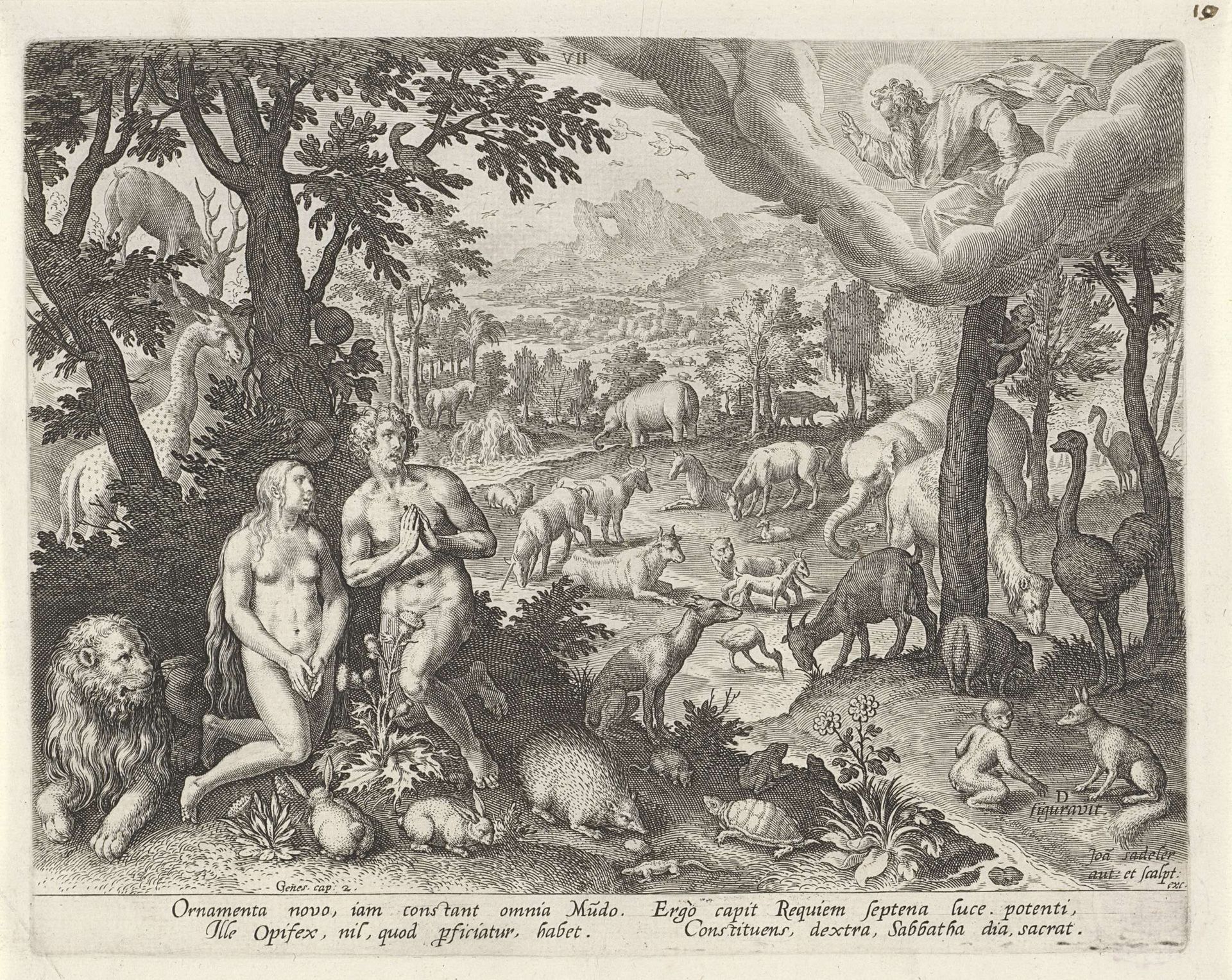 God de Vader zegent Adam, Eva en de dieren by Johann Sadeler I
