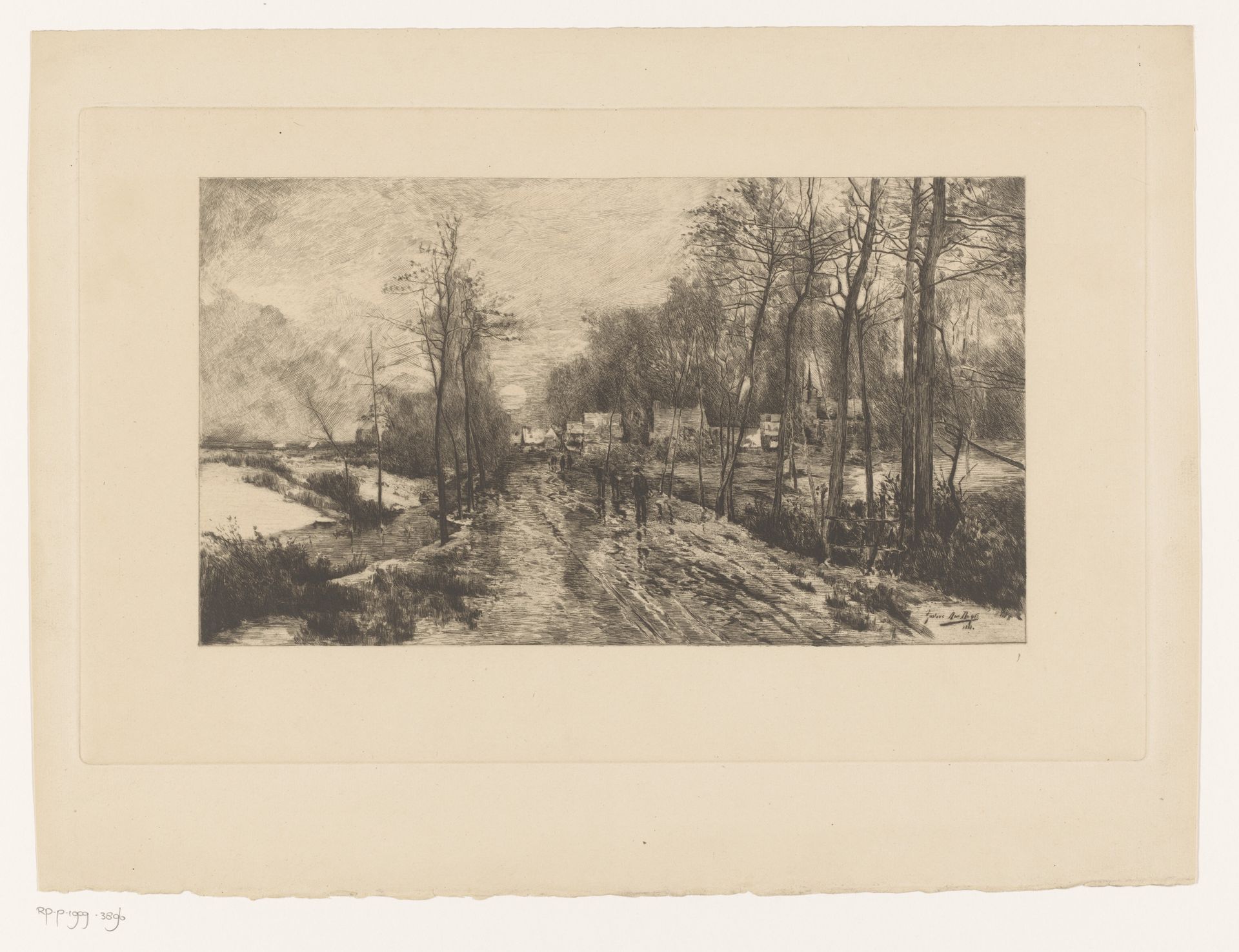 Nachtelijk sneeuwlandschap met schimmige figuren op het pad by Auguste Danse