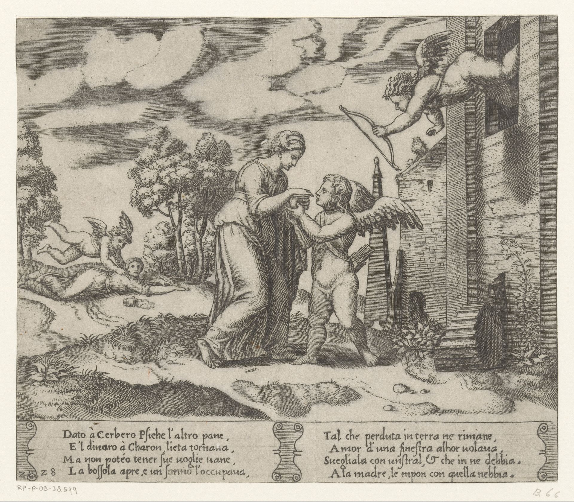 Psyche opent de kruik met Proserpina's schoonheid by Meester van de Dobbelsteen