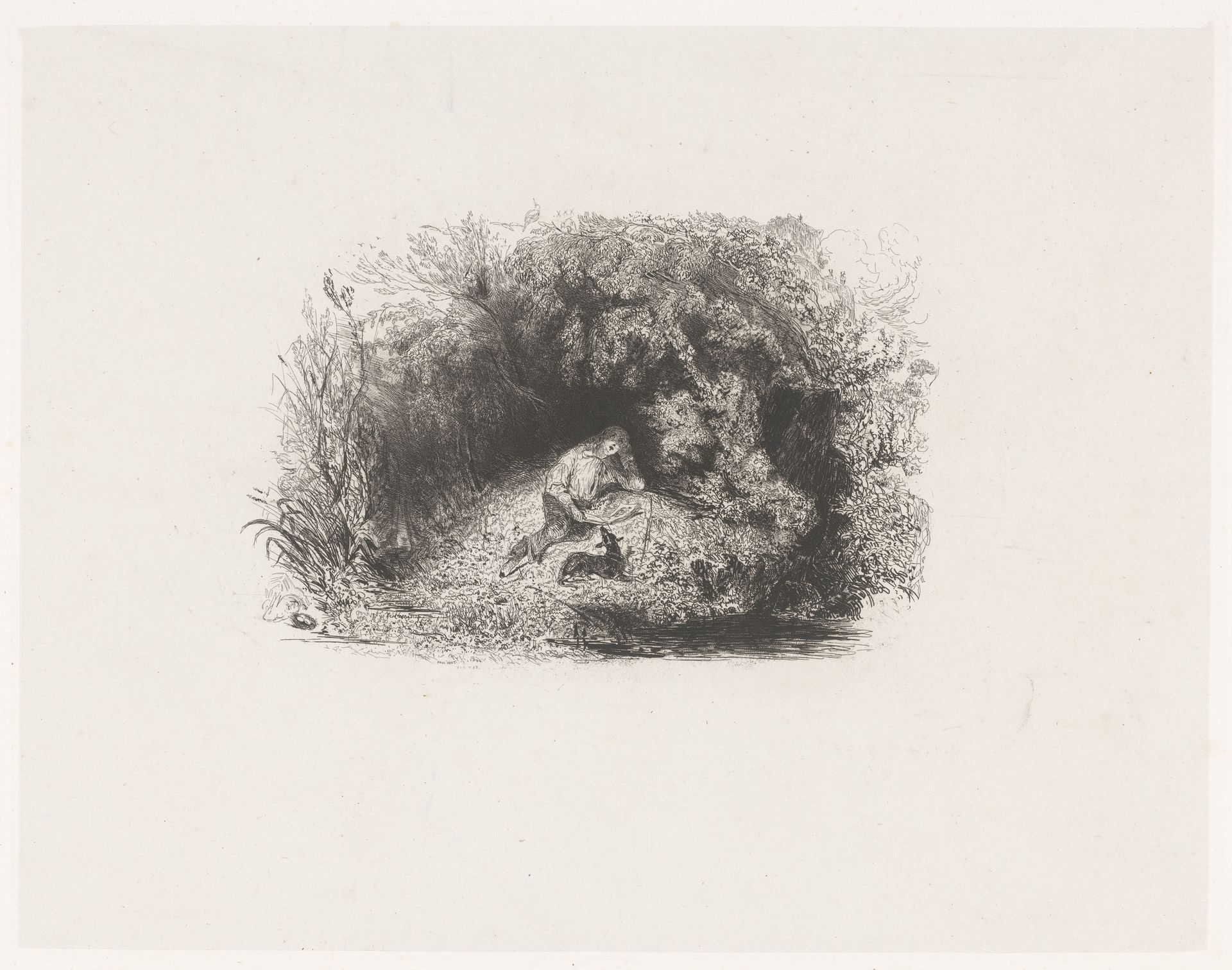 Titelprent met lezende man met hond in een bos by Paul Huet