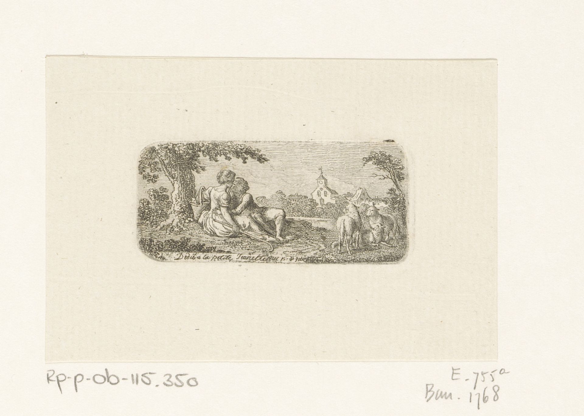 Herderspaar toont affectie onder een boom met rechts drie schapen by Daniel Nikolaus Chodowiecki