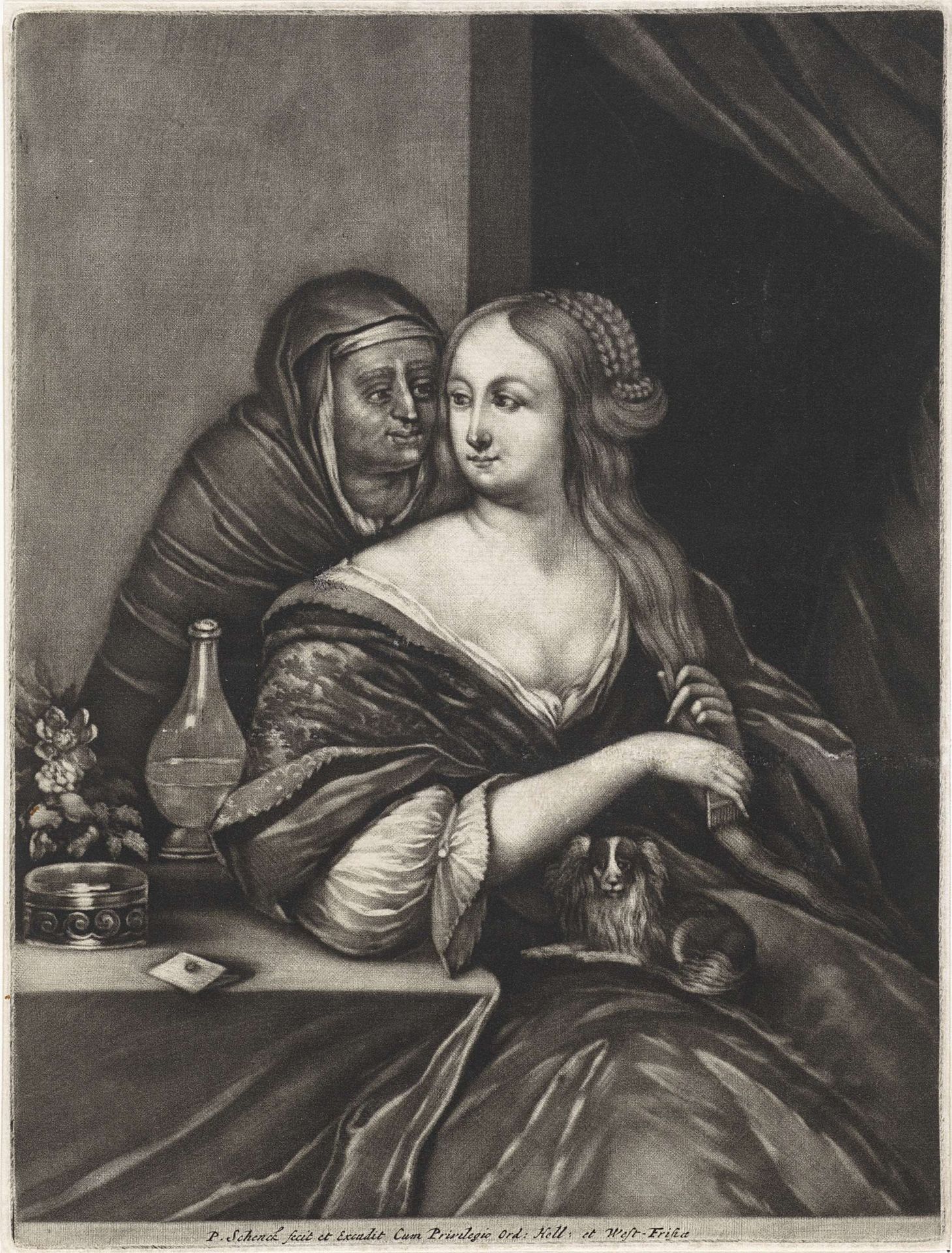 Jonge vrouw en een koppelaarster by Pieter Schenk