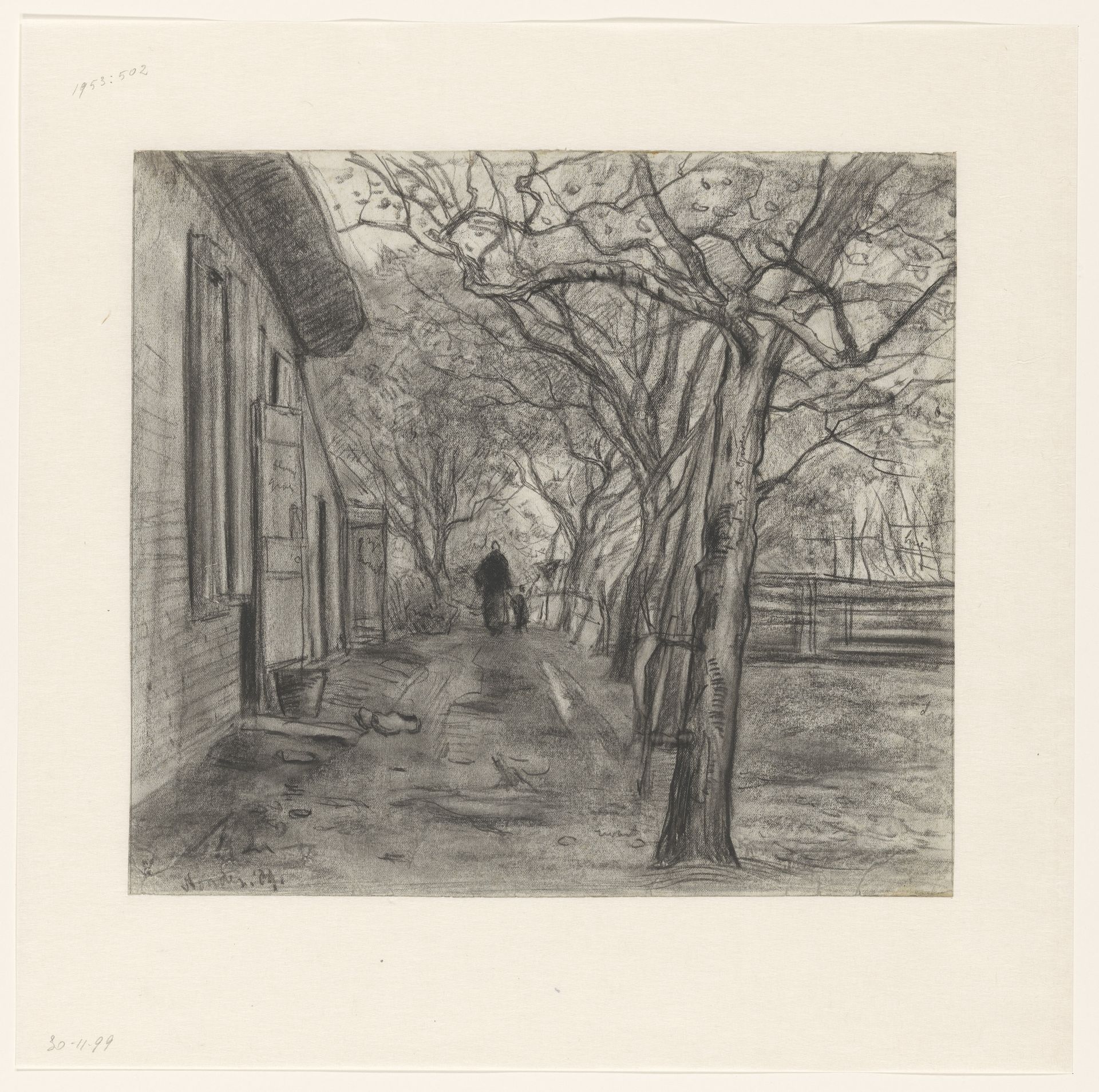 Boerenerf met bomen, vrouw en kind by Frans Smissaert