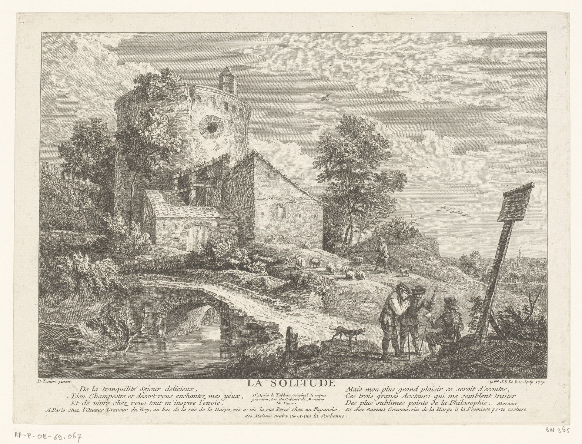Landschap met een herder en drie mannen bij een bouwwerk by Jacques Philippe Le Bas