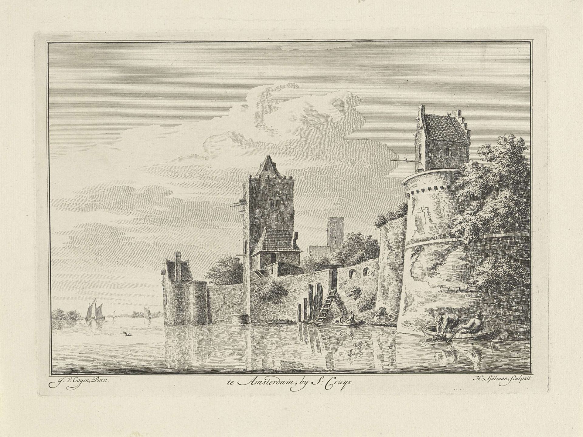 Riviergezicht met stadsmuren by Hendrik Spilman
