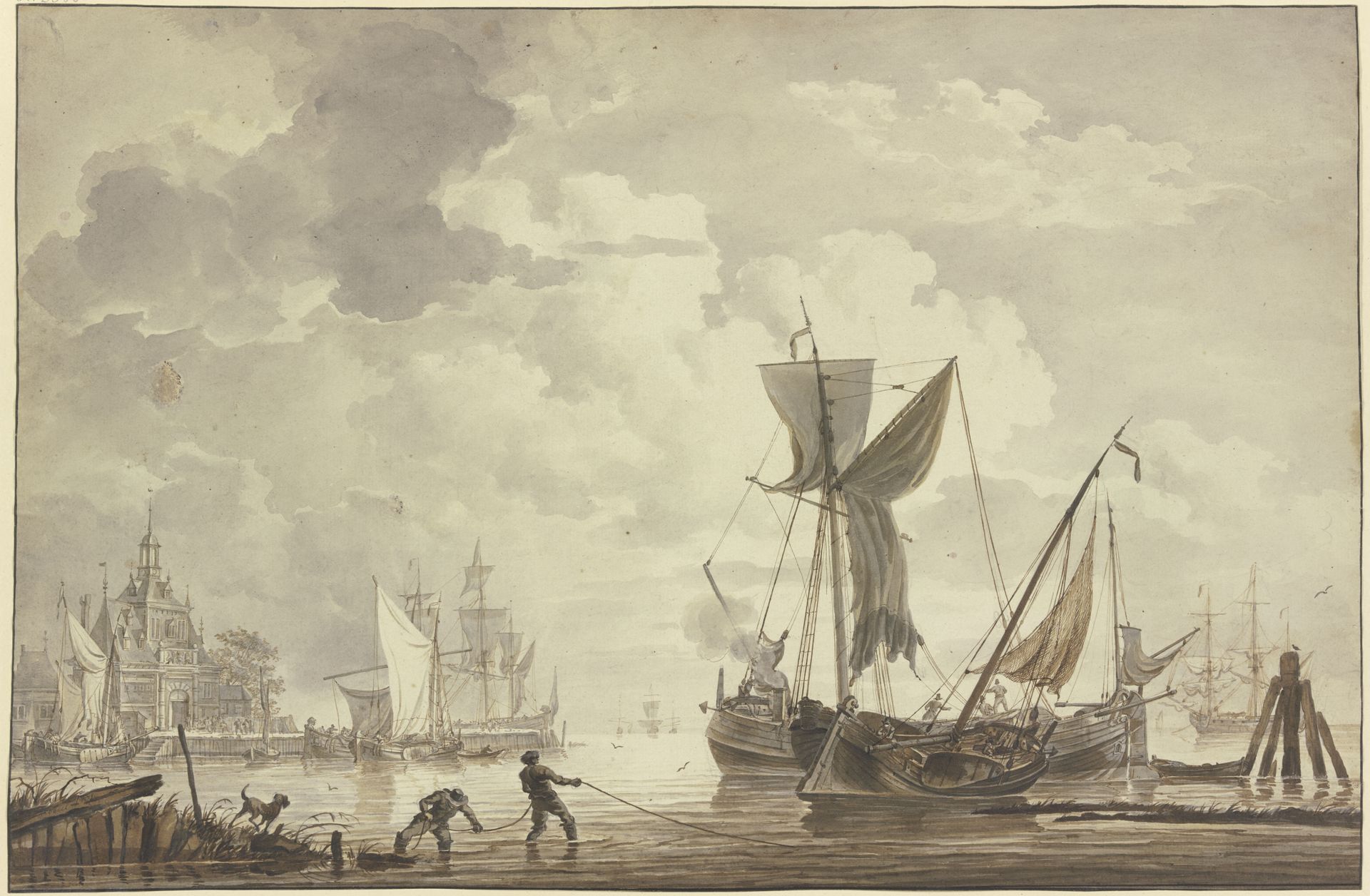 Hafen, links ein Gebäude mit großem Portal, zwei Matrosen ziehen ein Seil aus dem Wasser by Hendrik Kobell