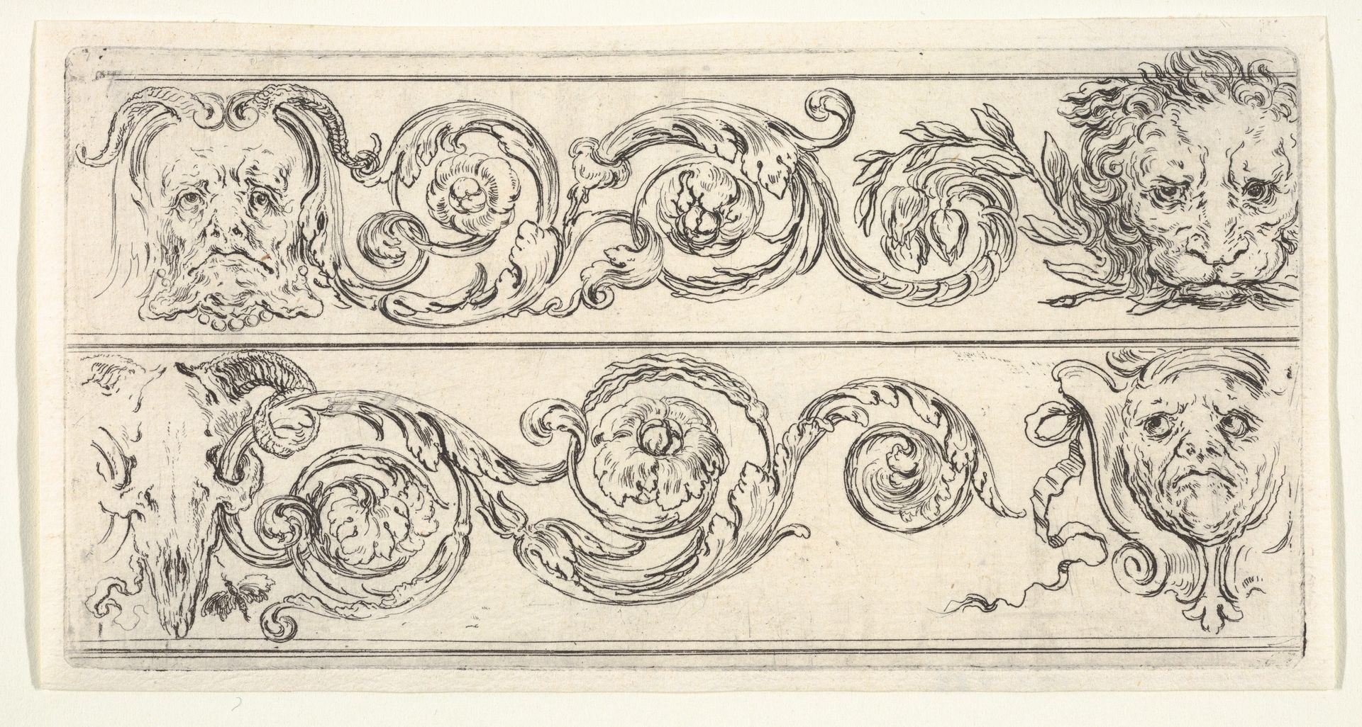 Plate 5: two friezes; at top, a grotesque head of an old man to left, a lion head to right, at bottom, a ram skull to left, a grotesque head of a man to right, from 'Friezes, foliage, and grotesques' (Frises, feuillages et grotesques) by Stefano della Bella