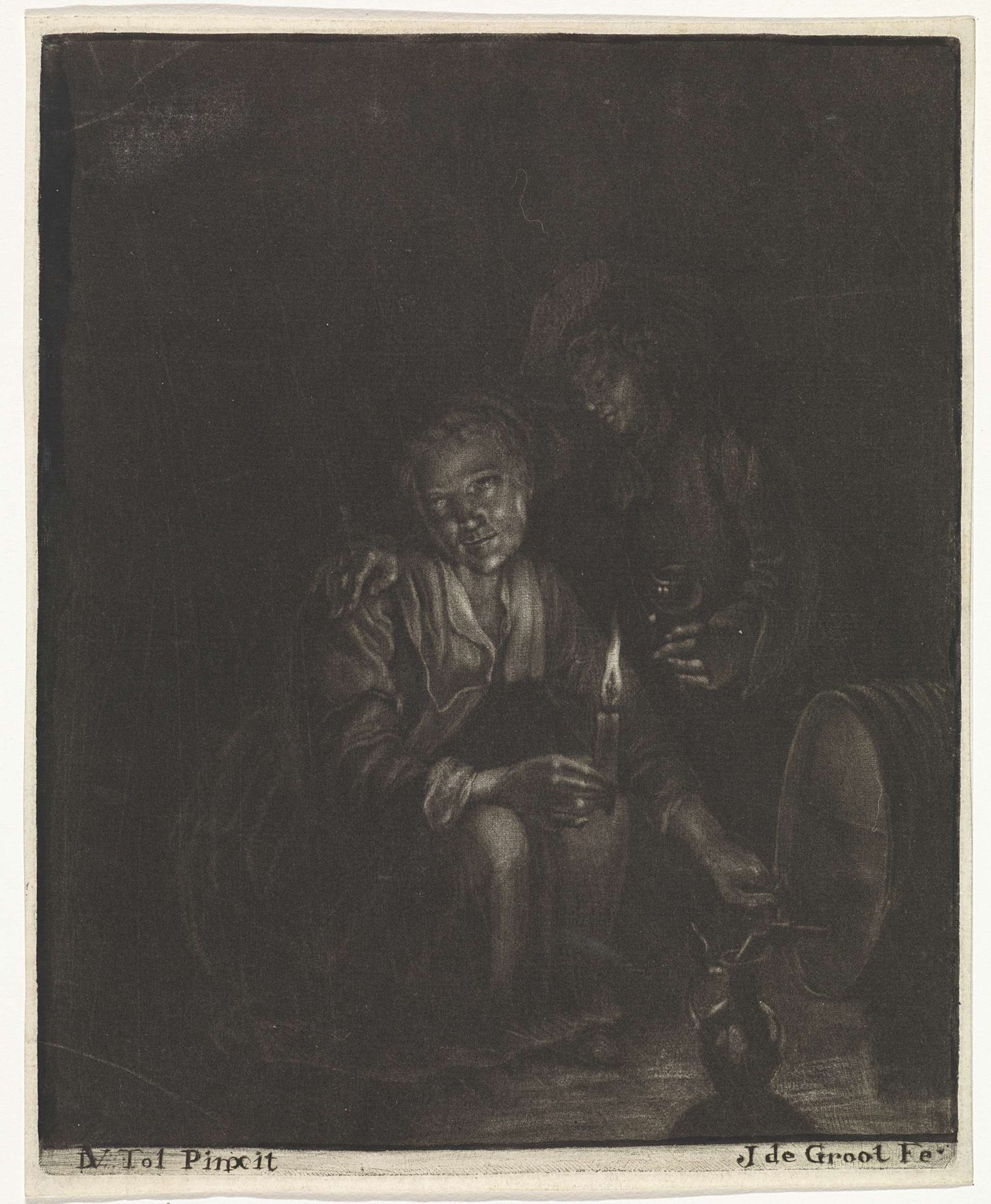 Een man en vrouw bij een wijnvat by Johannes de (II) Groot