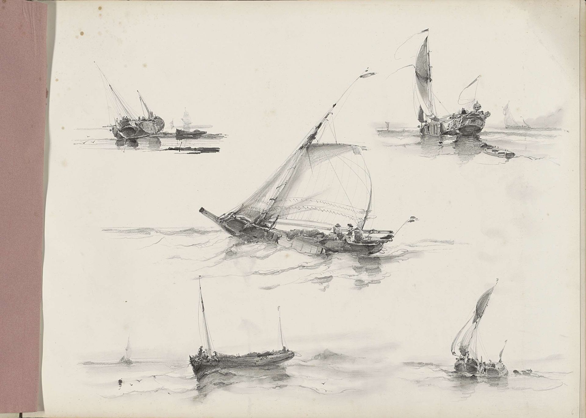 Studieblad met zeilschepen op het water by Albertus van Beest