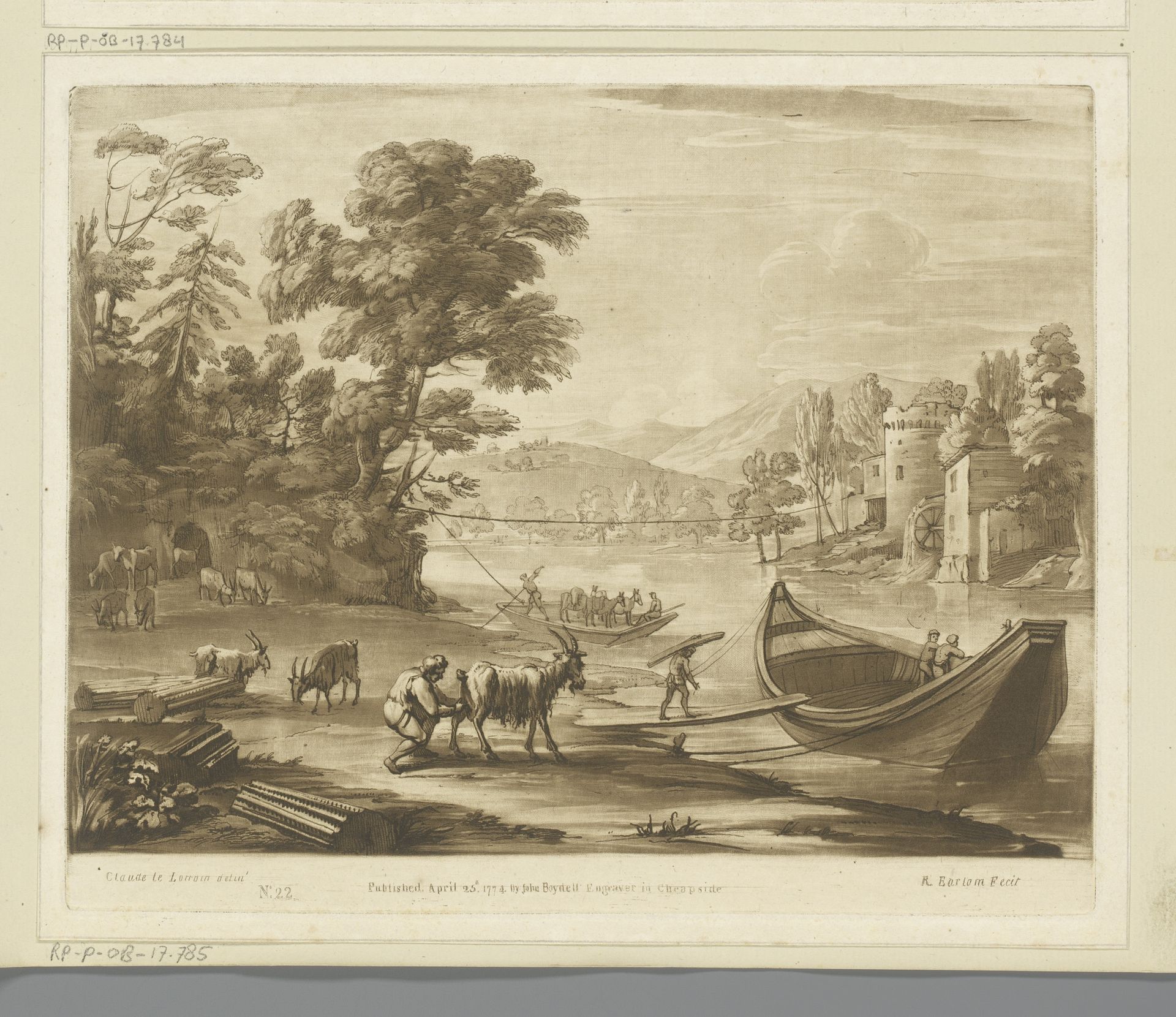 Landschap met vee en pont op een rivier by Richard Earlom