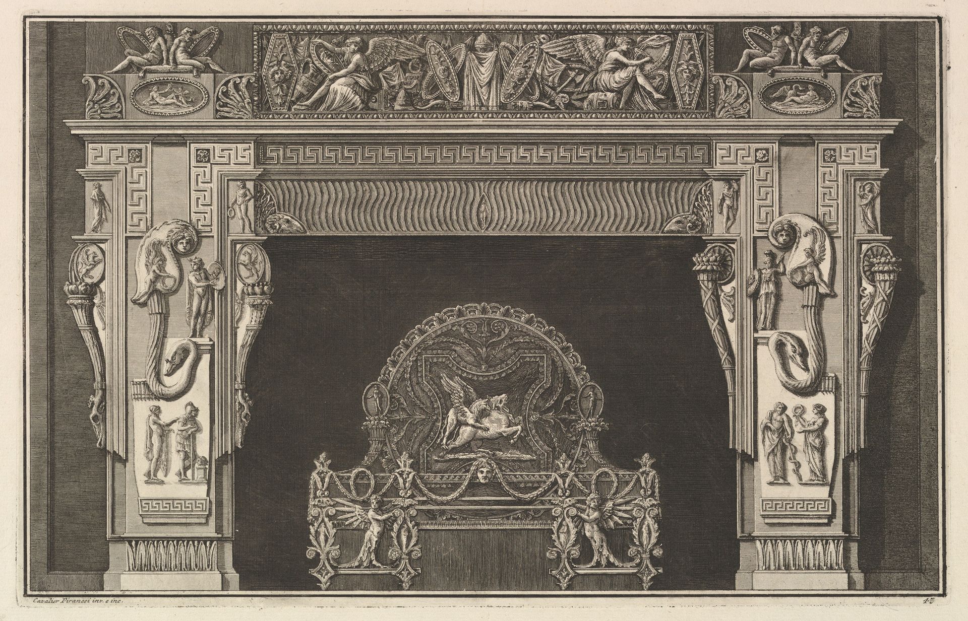 Chimneypiece: Frieze of trophies and winged Victories on the lintel, with cornucopias to either side of the jambs decorated with varied reliefs (Ch. décorée d'une grecque), from Diverse Maniere d'adornare i cammini ed ogni altra parte degli edifizi...(Different Ways of ornamenting chimneypieces and all other parts of houses) by Giovanni Battista Piranesi