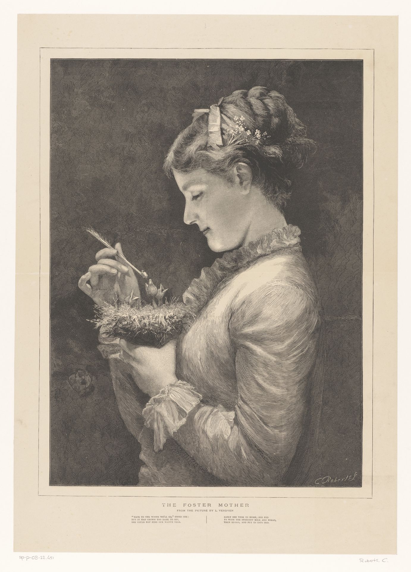Vrouw geeft jonge vogels te eten by Charles Roberts