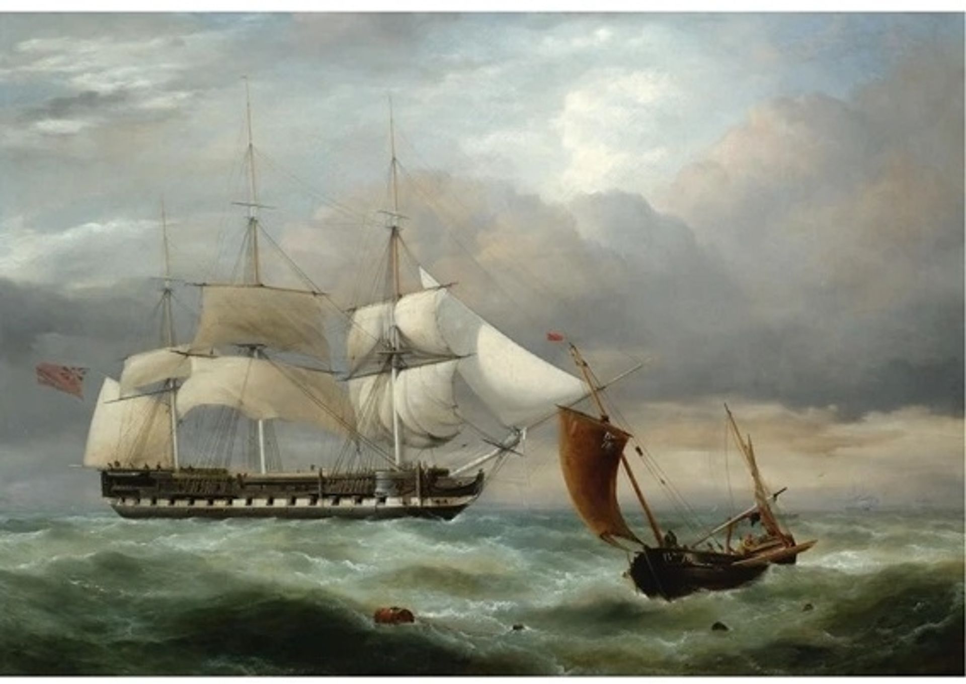 An East Indiaman Hove To, Homeward Bound, and a Brighton Fishing Boat in Choppy Water by George Philip Reinagle
