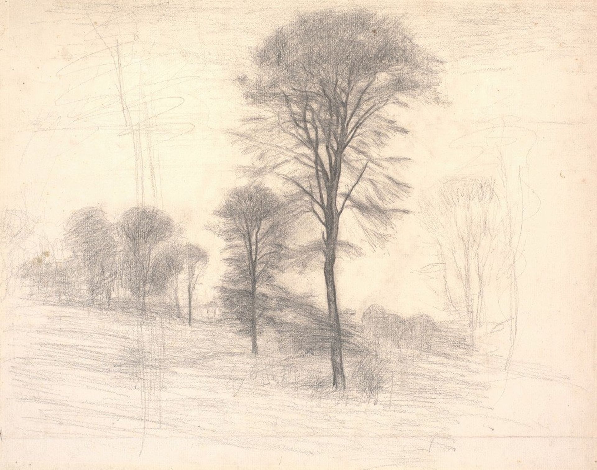 Landskab med spredte træer. ‘Ryet’ ved Farum Sø by Vilhelm Hammershøi