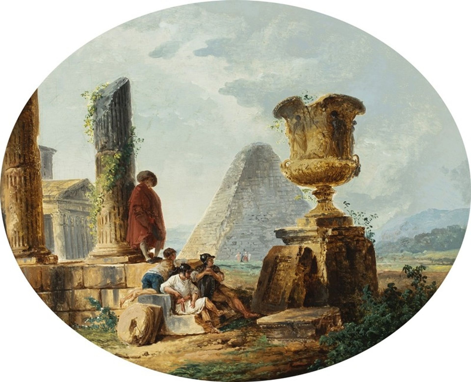 Landscape with soldiers and a pyramid by Hubert Robert