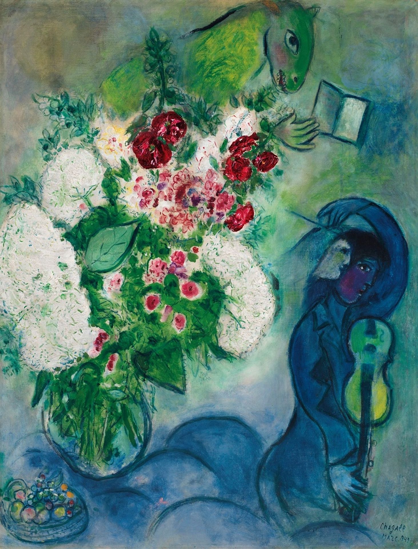 Bouquet blanc aux nuages ou L’âne lisant ou Le livre et l’âne ou Musicien aux fleurs et aux fruits by Marc Chagall