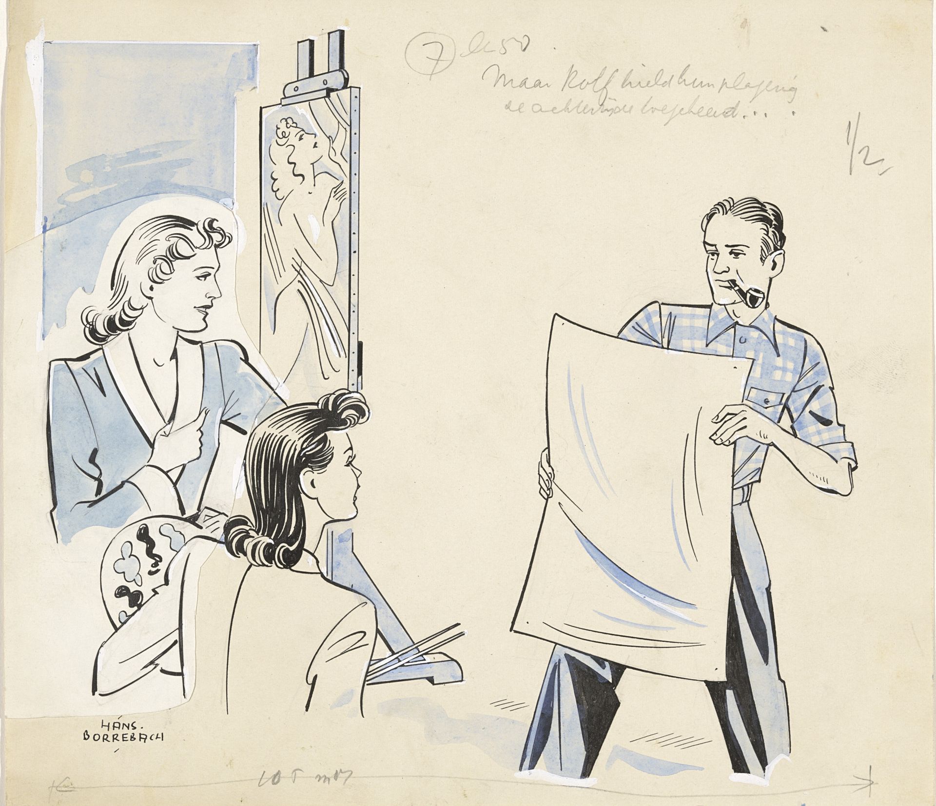 Rolf toont Lony en een vrouw de achterzijde van een papier by Hans Borrebach