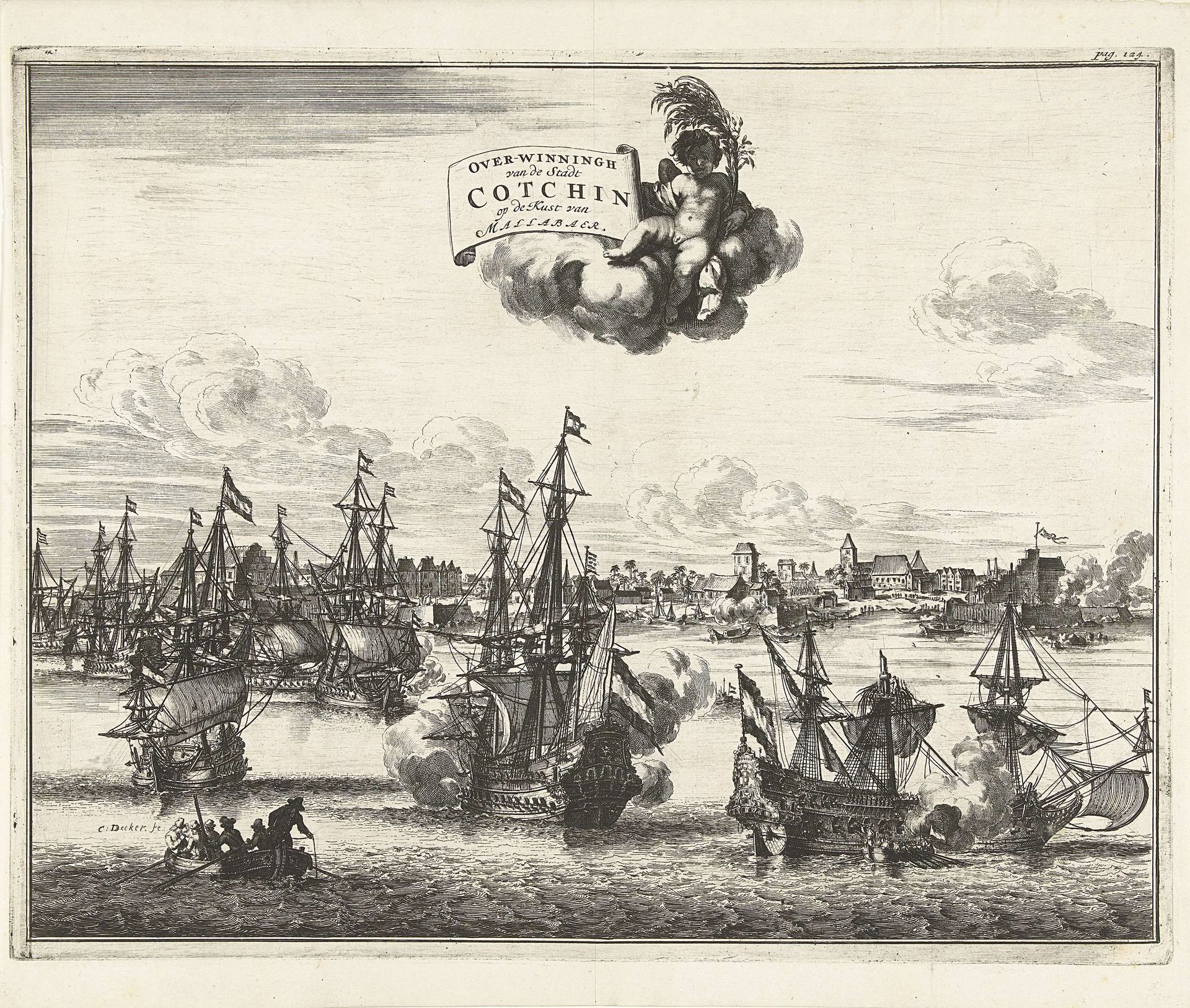 Inname van Cochin door Nederlandse V.O.C. schepen by Coenraet Decker