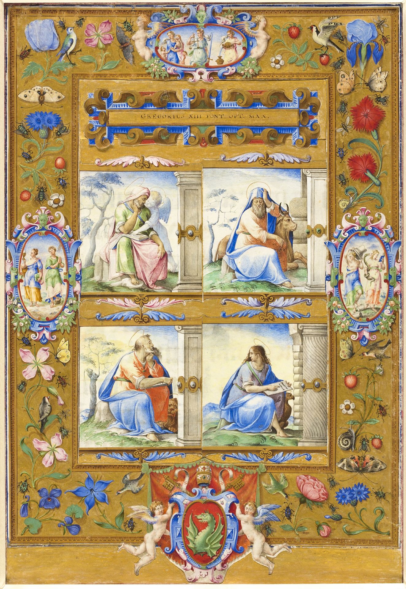 The Four Evangelists, within a Border of Flowers, Birds, and Insects by Giulio Clovio