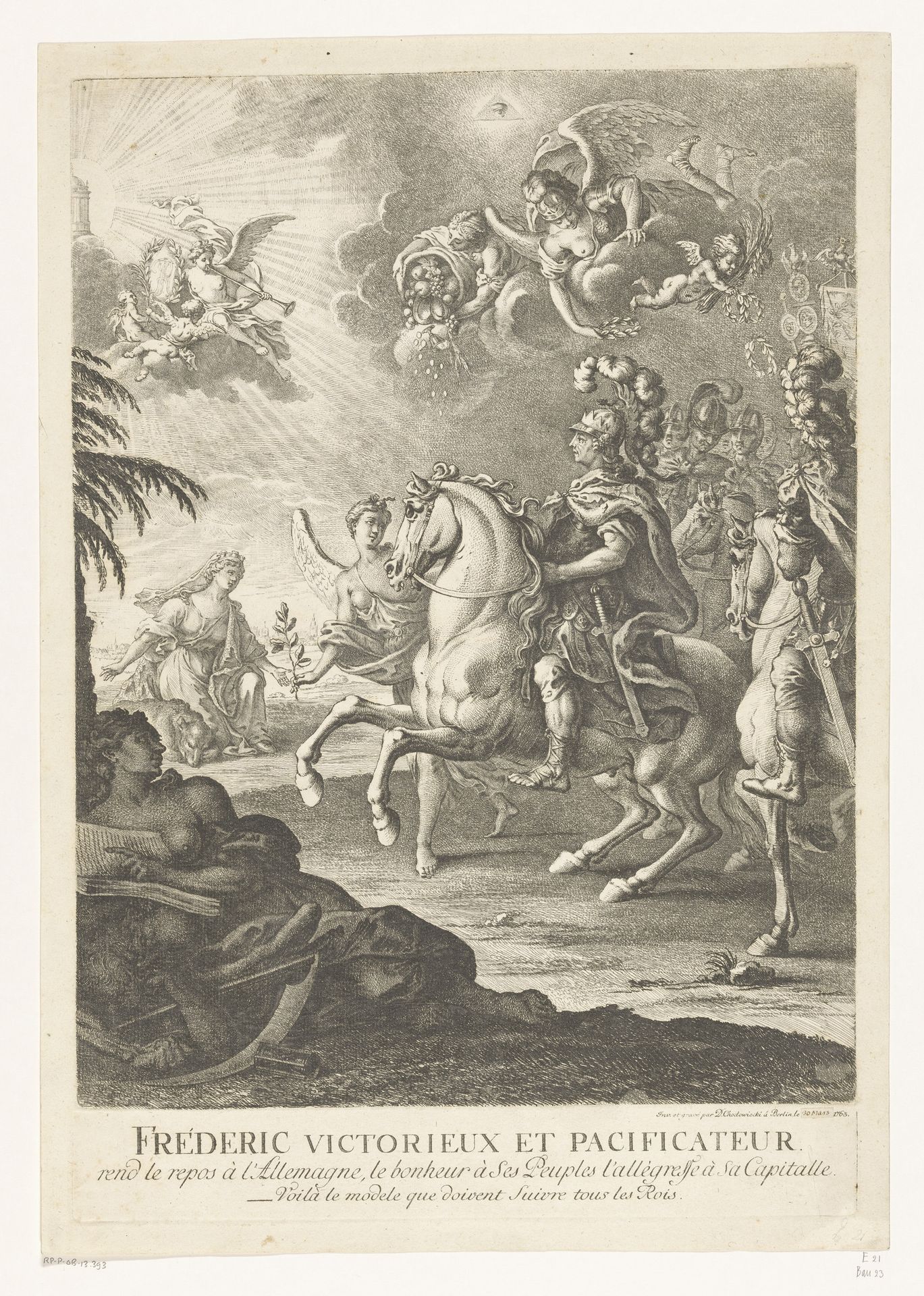 Allegorische voorstelling met Frederik de Grote te paard by Daniel Nikolaus Chodowiecki